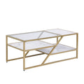 Golden Coffee Table With Storage Shelf, Tempered Glass Coffee Table With Metal Frame For Living Room&Bedroom Golden Mdf Iron