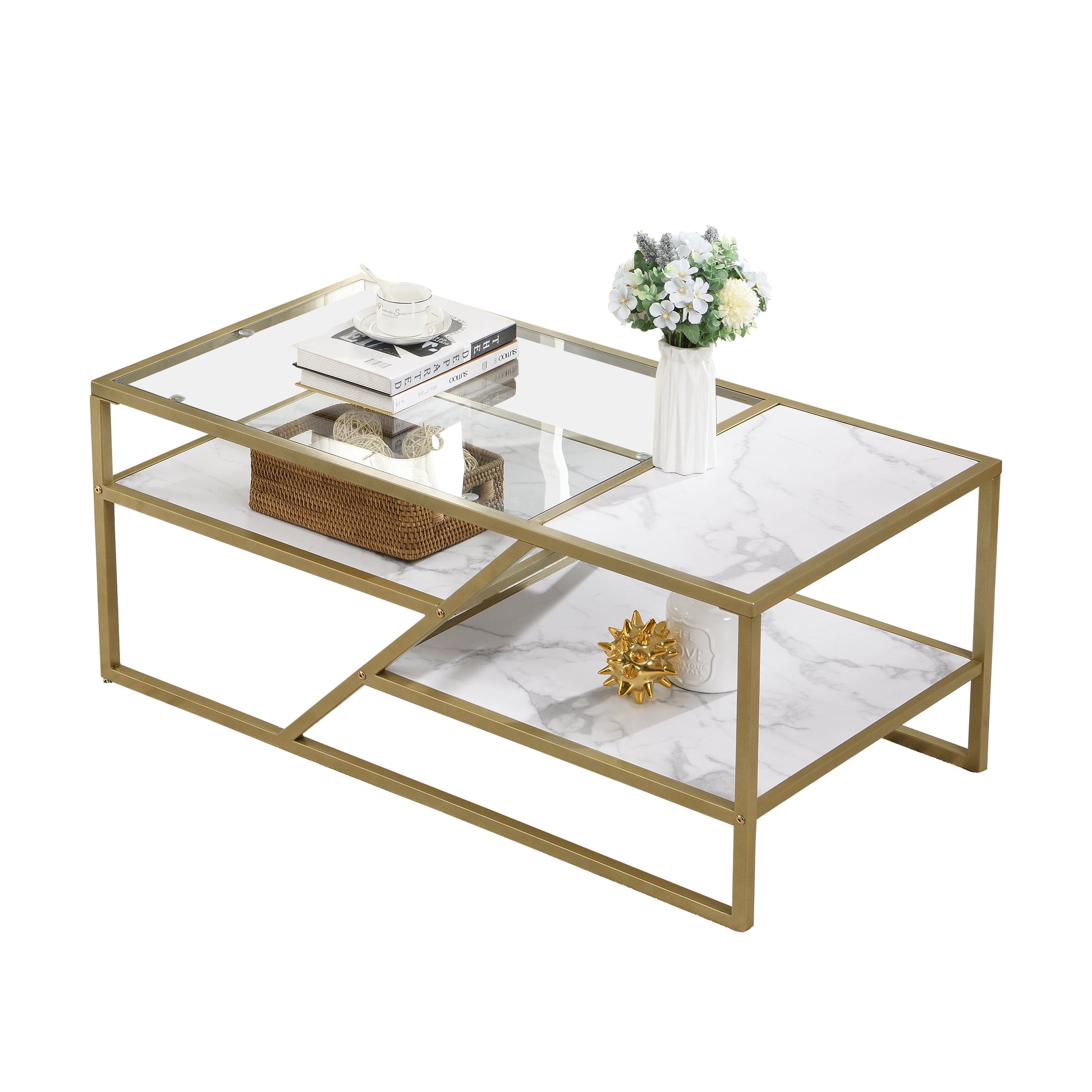 Golden Coffee Table With Storage Shelf, Tempered Glass Coffee Table With Metal Frame For Living Room&Bedroom Golden Mdf Iron