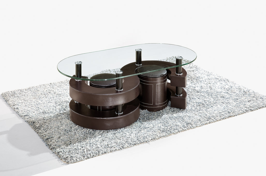 3 Pieces Coffee Table Set, Oval 10Mm 0.39" Thick Tempered Glass Table And 2 Leather Stools Brown Glass