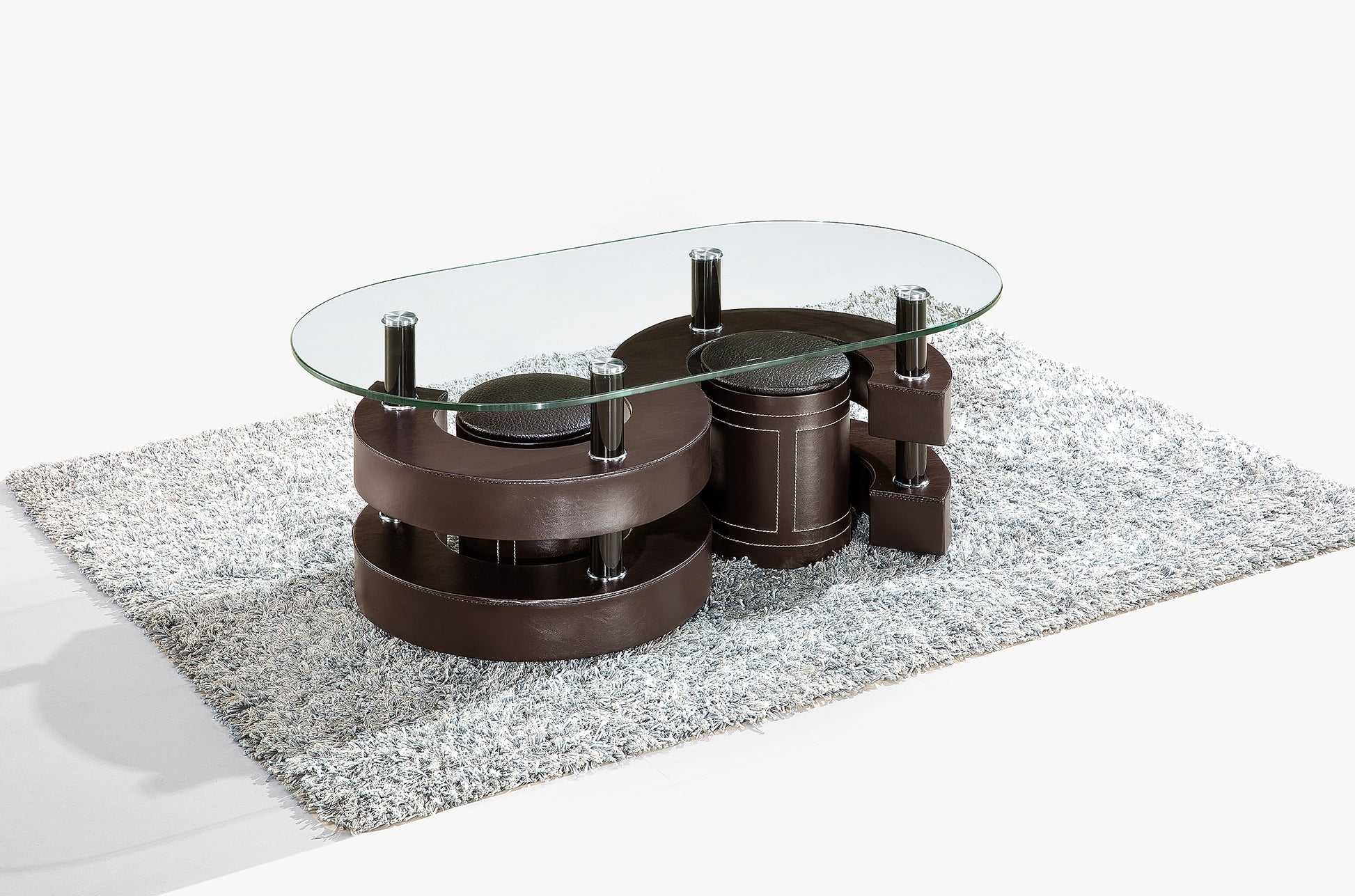 3 Pieces Coffee Table Set, Oval 10Mm 0.39" Thick Tempered Glass Table And 2 Leather Stools Brown Glass