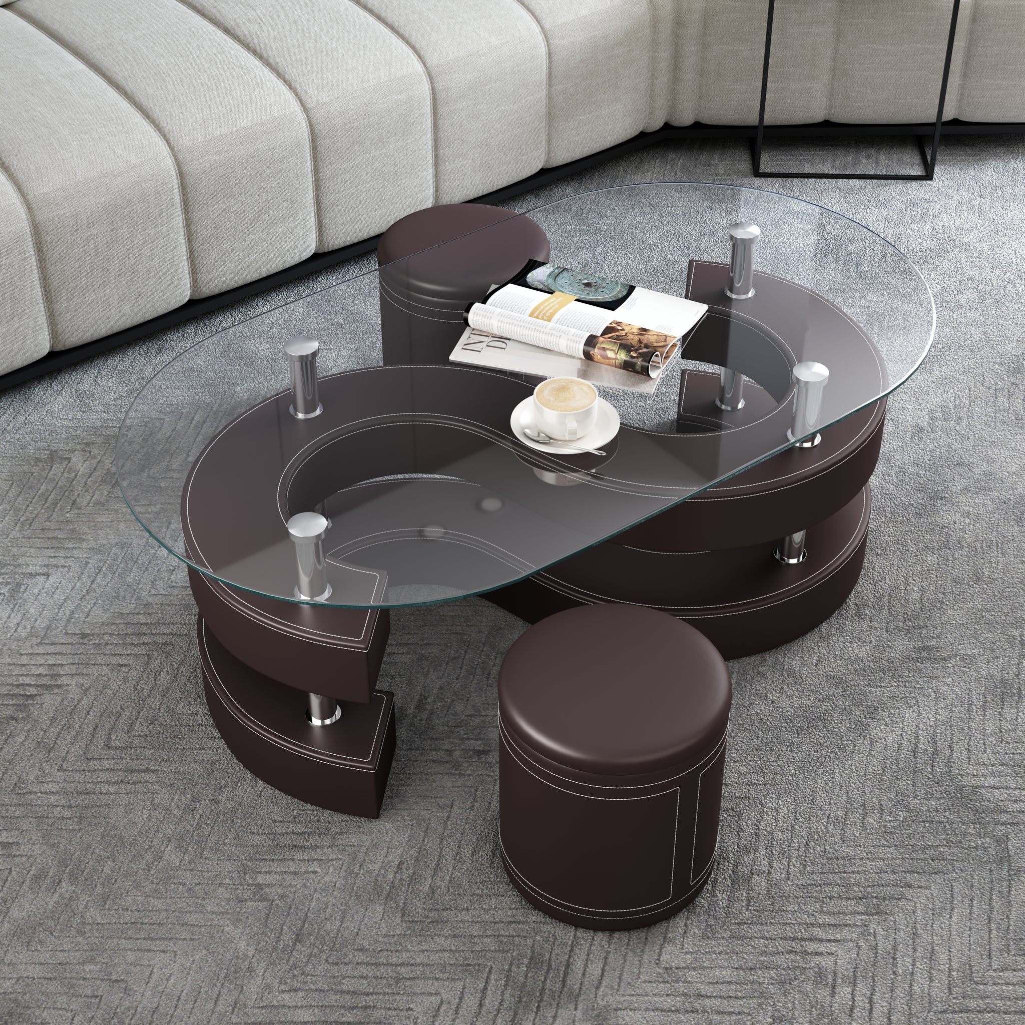 3 Pieces Coffee Table Set, Oval 10Mm 0.39" Thick Tempered Glass Table And 2 Leather Stools Brown Glass