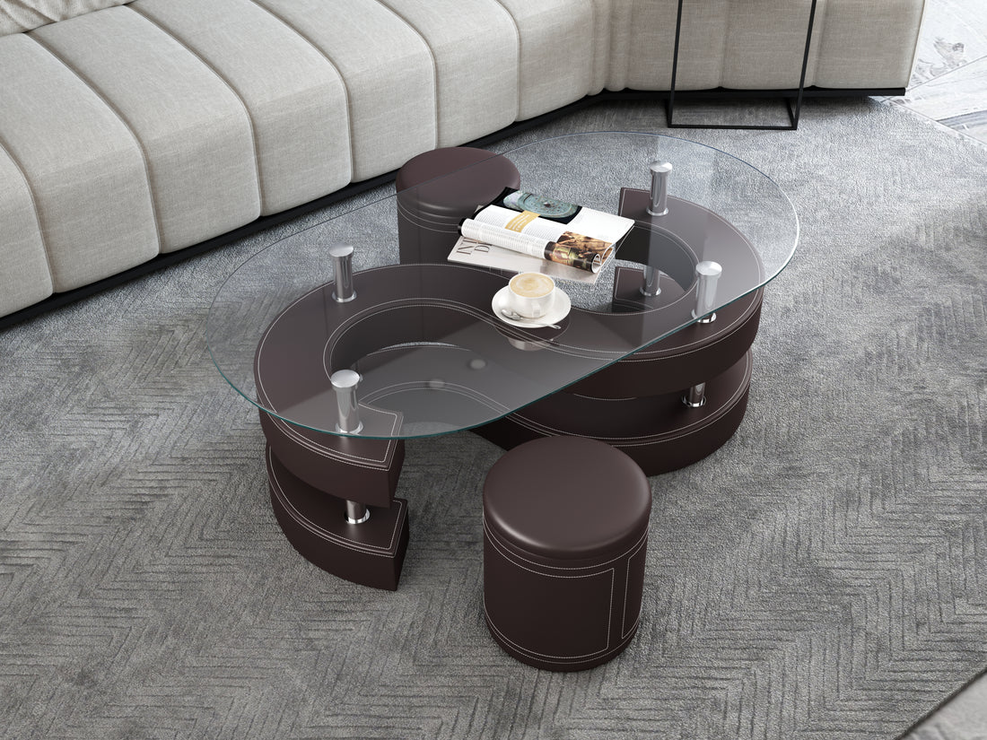 3 Pieces Coffee Table Set, Oval 10Mm 0.39" Thick Tempered Glass Table And 2 Leather Stools Brown Glass