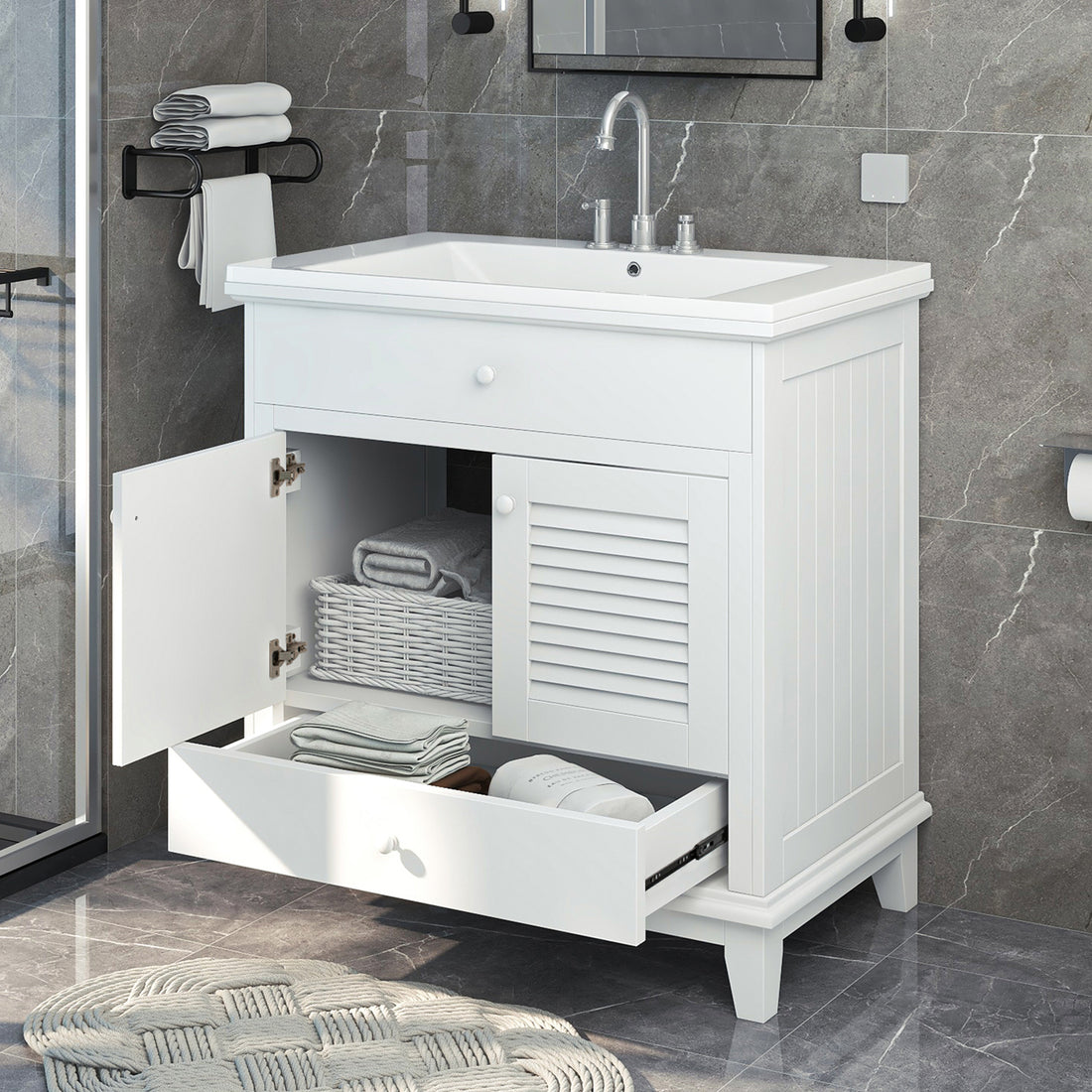 30" Bathroom Vanity Base without Sink, Bathroom white-solid wood