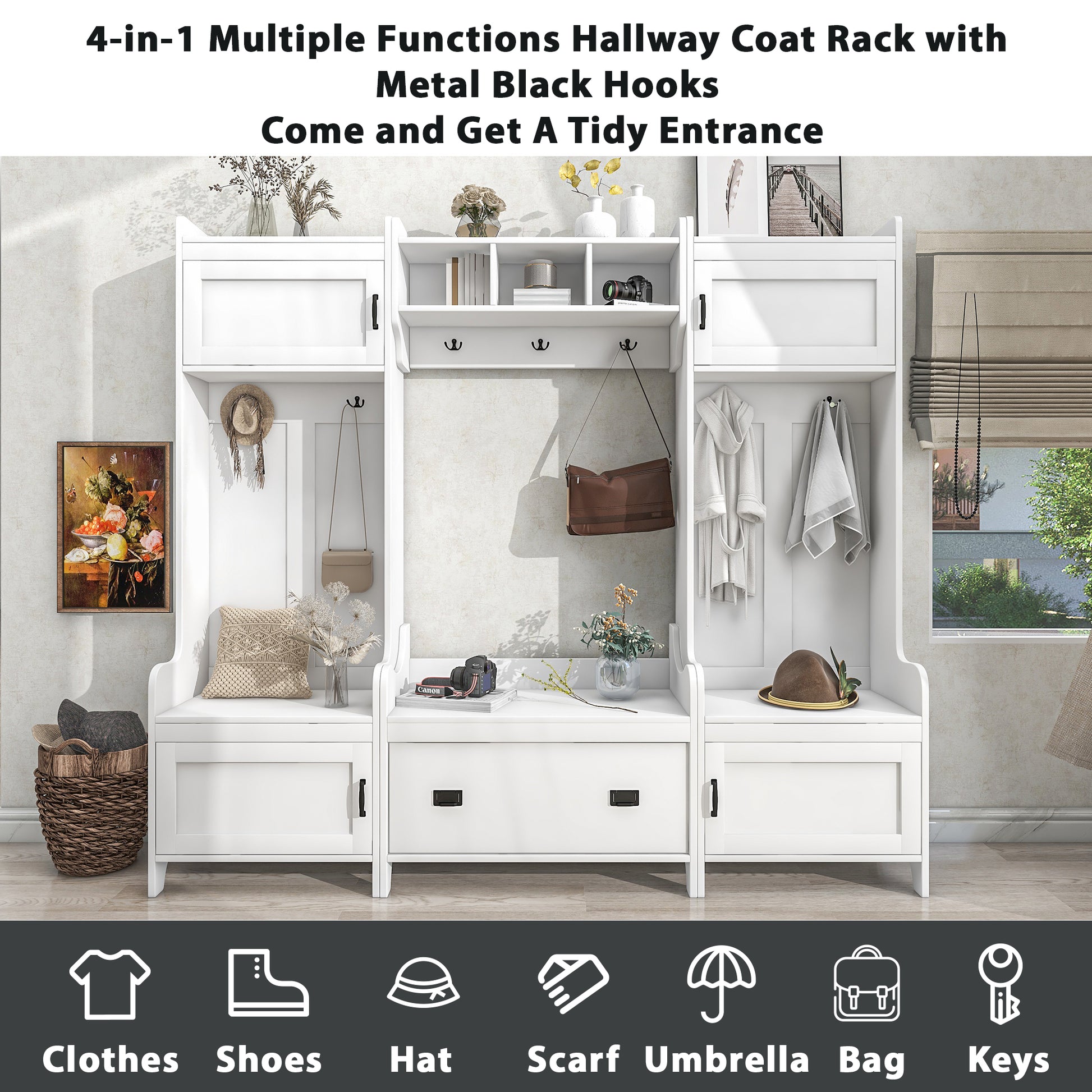 Modern Style 4 In 1 Multiple Functions Hallway Coat Rack With Seven Metal Black Hooks, Entryway Bench Hall Tree With Large Storage Drawer, White Old Sku: Sd000006Aak White Particle Board