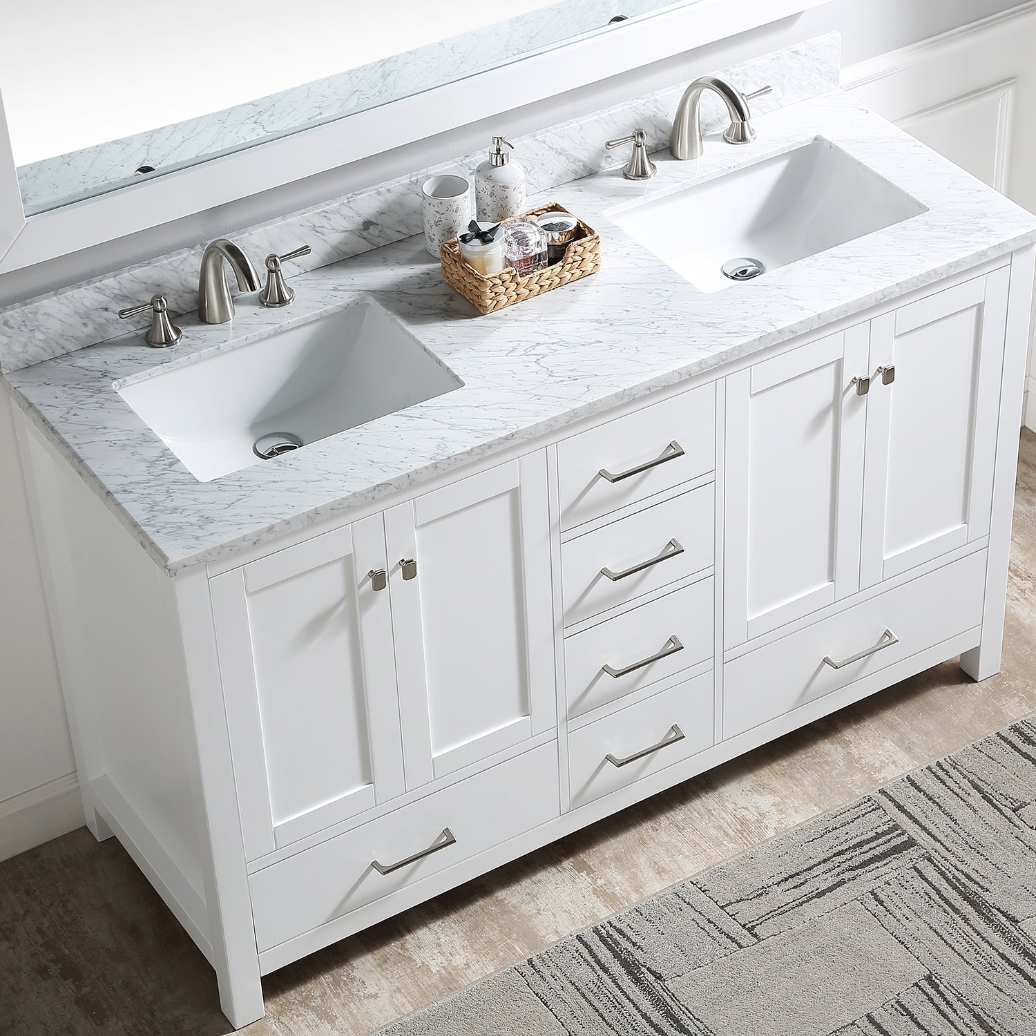 Bathroom Vanity Cabinet Set 60 Inches Double Sink, Bathroom Storage Carrara White Marble Countertop With Back Splash White Plywood