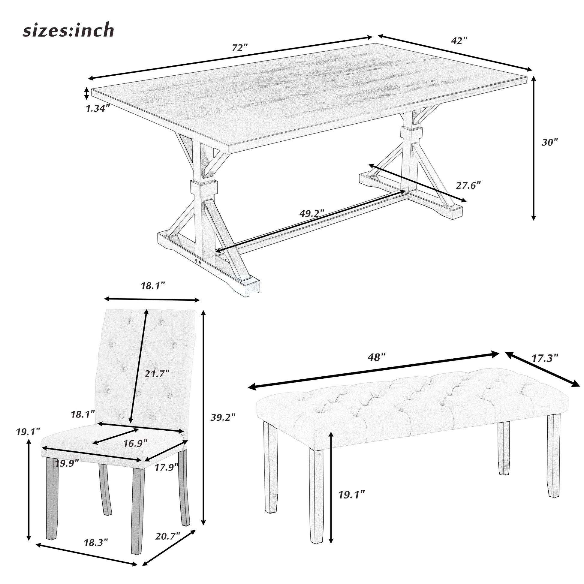 6 Piece Farmhouse Dining Table Set 72" Wood Rectangular Table, 4 Upholstered Chairs With Bench Gray Gray Solid Wood