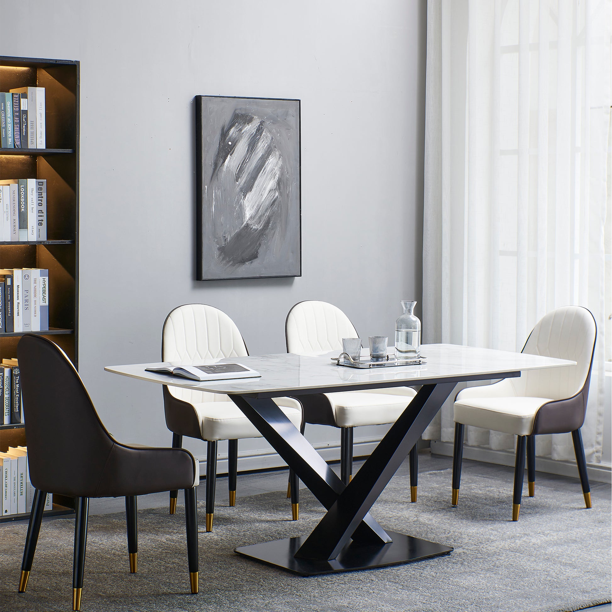 Sintered Stone Dinning Table With 6 Pcs Chairs ,Carrara White Colormodern Dinning Table 63Inch With Solid Black Frame Multi Brown Beige Sintered Stone