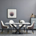 Sintered Stone Dinning Table With 6 Pcs Chairs ,Carrara White Colormodern Dinning Table 63Inch With Solid Black Frame Multi Brown Beige Sintered Stone