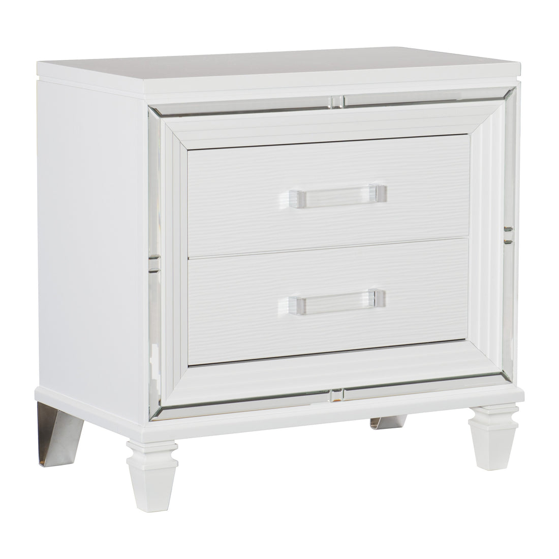 Glamorous White Silver Finish 1Pc Nightstand Of 2X Drawers Acrylic Bar Pulls Stylish Bedroom Furniture White 2 Drawers Bedroom Modern Wood