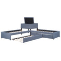 L Shaped Upholstered Platform Bed With Trundle And Two Drawers Linked With Built In Desk,Twin,Gray Gray Linen