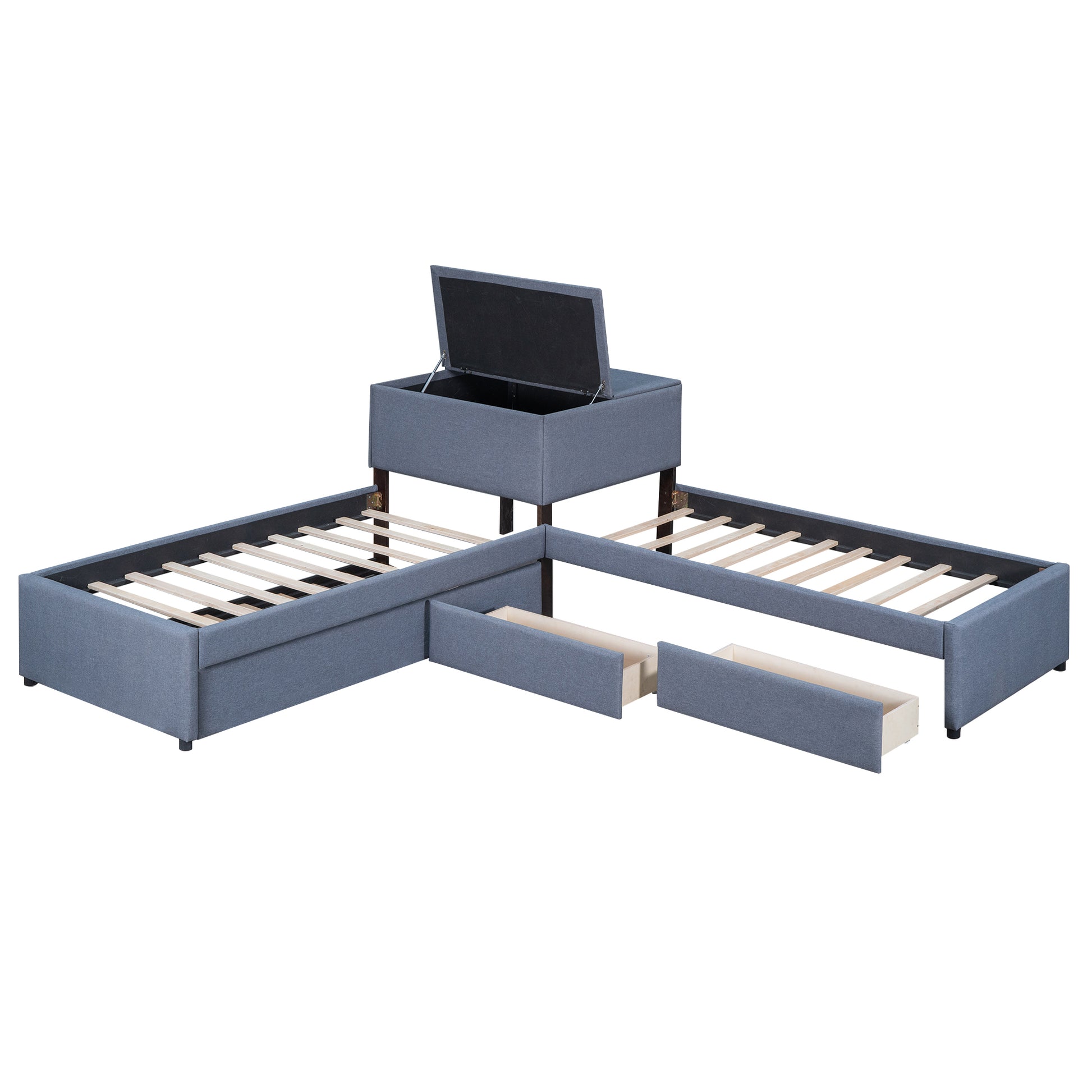 L Shaped Upholstered Platform Bed With Trundle And Two Drawers Linked With Built In Desk,Twin,Gray Gray Linen