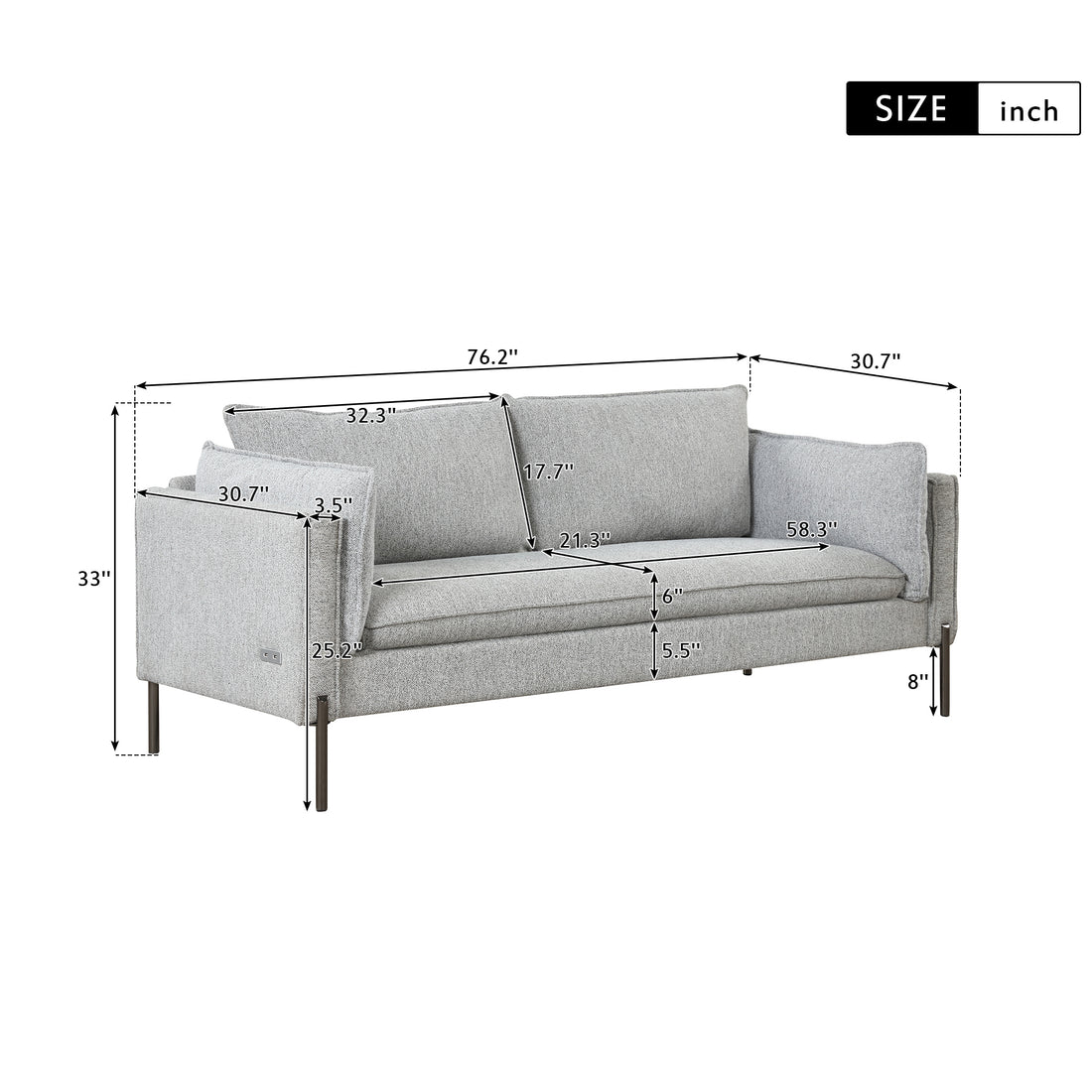 76.2" Modern Style 3 Seat Sofa Linen Fabric Upholstered Couch Furniture 3 Seats Couch For Different Spaces,Living Room,Apartment Gray Foam Linen