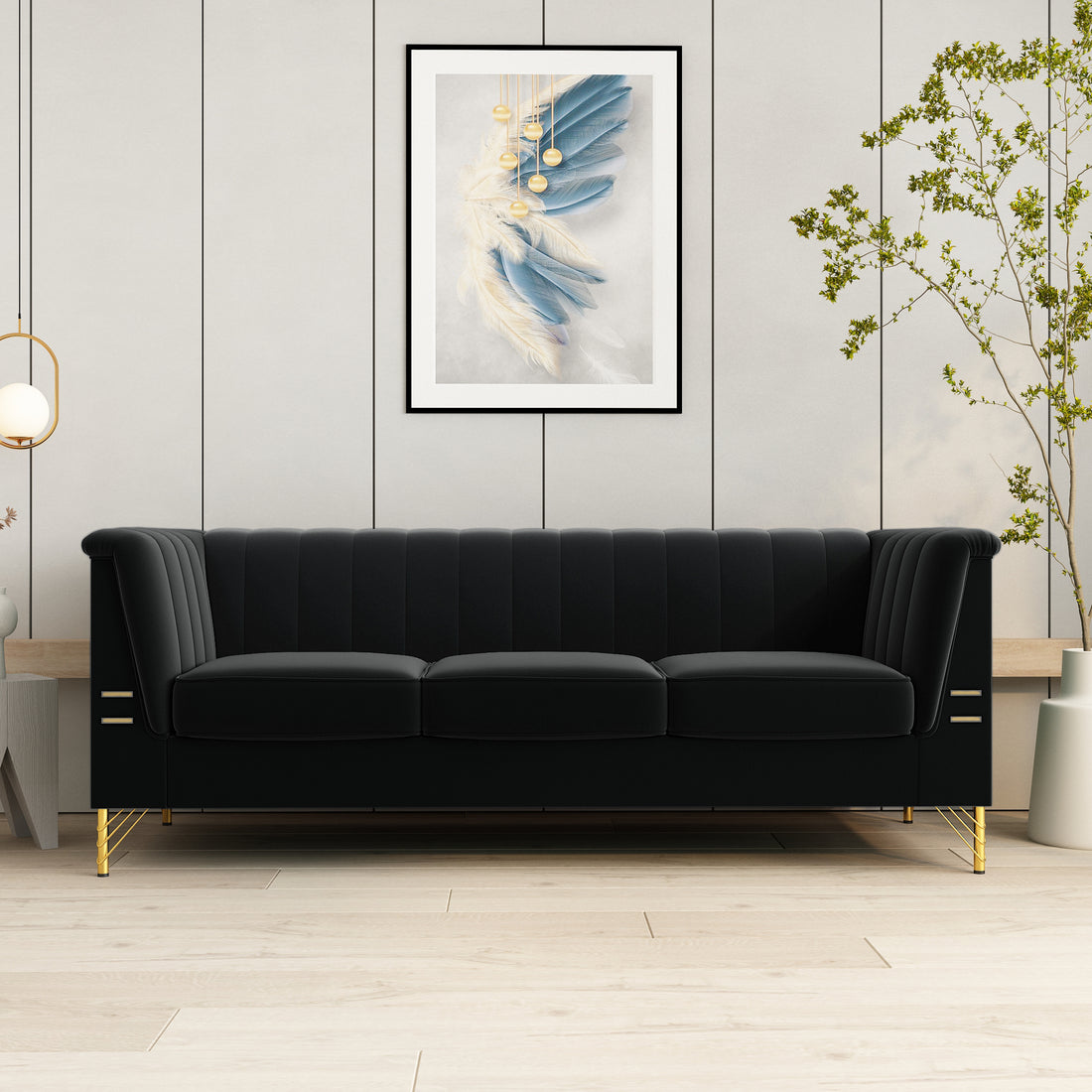Fx P82 Bk Sofa Modern Sofa Couches For Living Room, 82.67Inches Velvet Velvet Tight Back Chesterfield Design Couch Upholstered Sofa With Metal Legs Decor Furniture For Bedroom Black Velvet 3 Seat