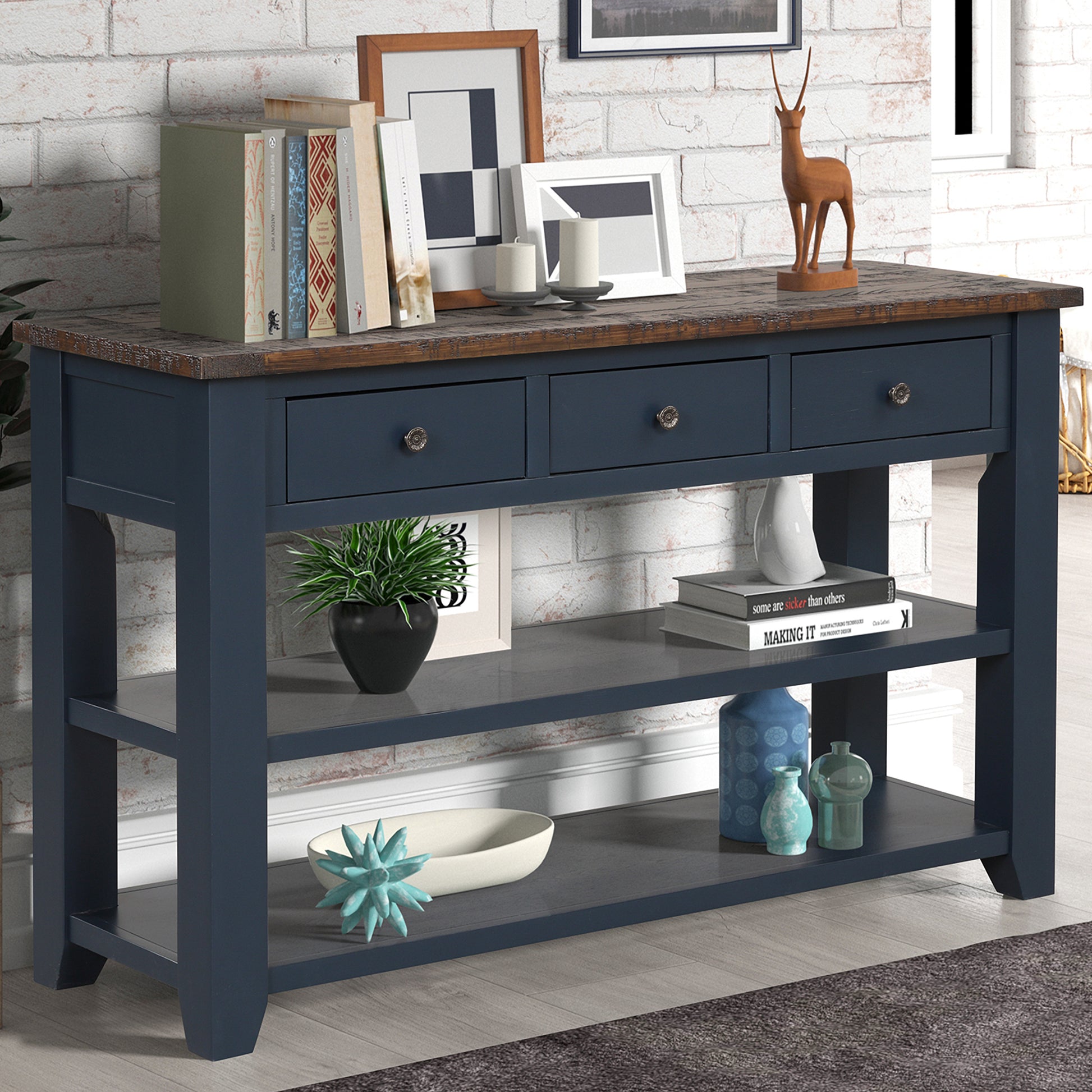 48'' Solid Pine Wood Top Console Table, Modern Entryway Sofa Side Table With 3 Storage Drawers And 2 Shelves. Easy To Assemble Blue Blue Pine