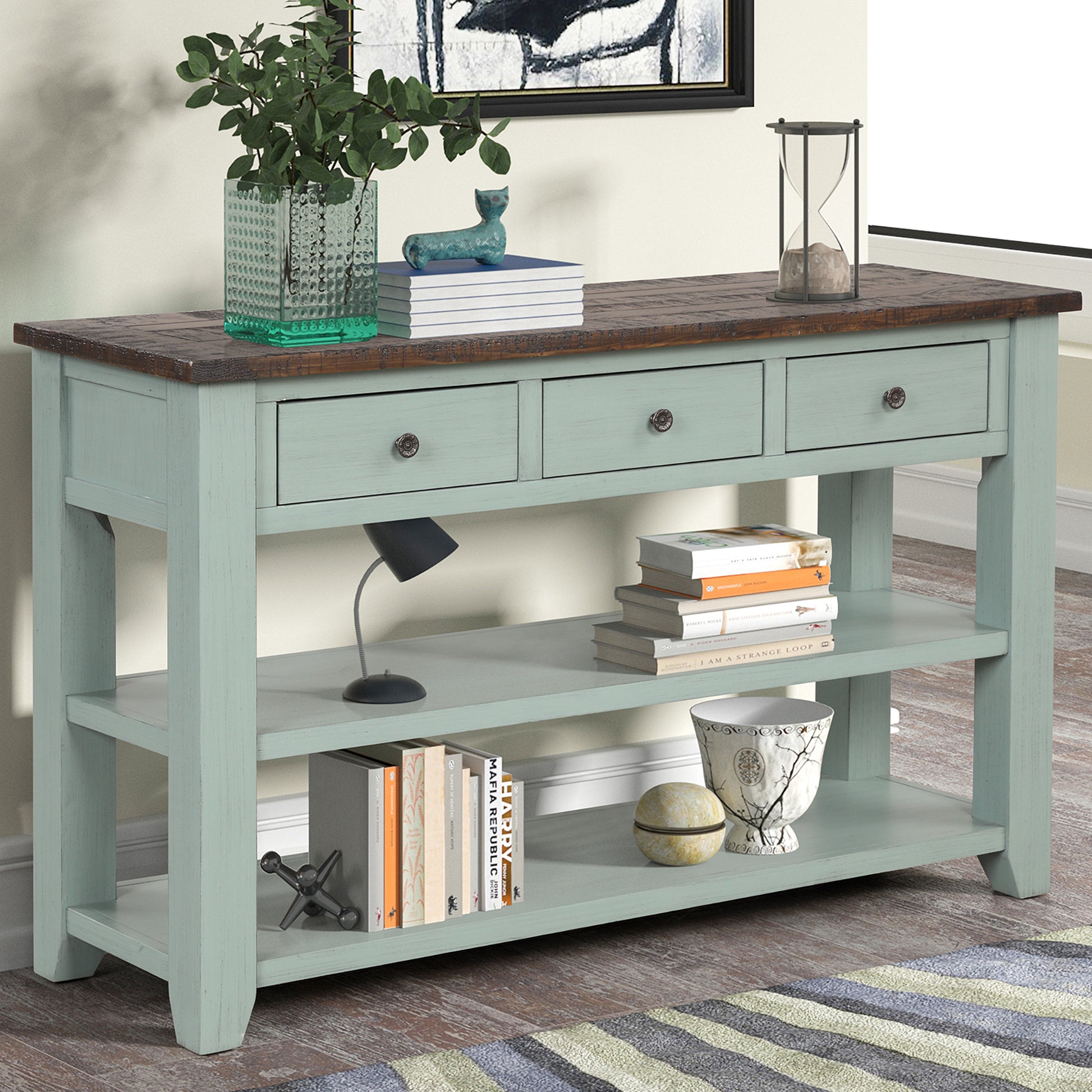 48'' Solid Pine Wood Top Console Table, Modern green-pine