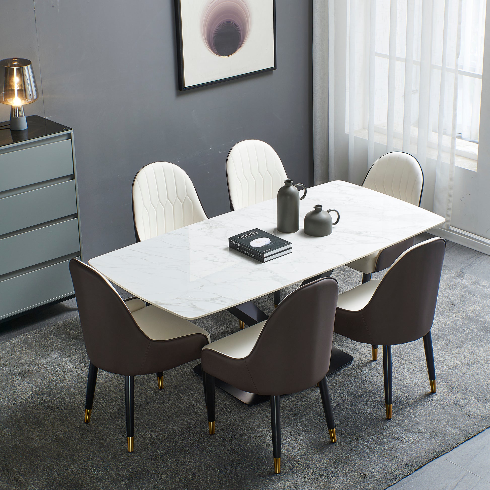 Sintered Stone Dinning Table With 6 Pcs Chairs ,Carrara White Colormodern Dinning Table 63Inch With Solid Black Frame Multi Brown Beige Sintered Stone