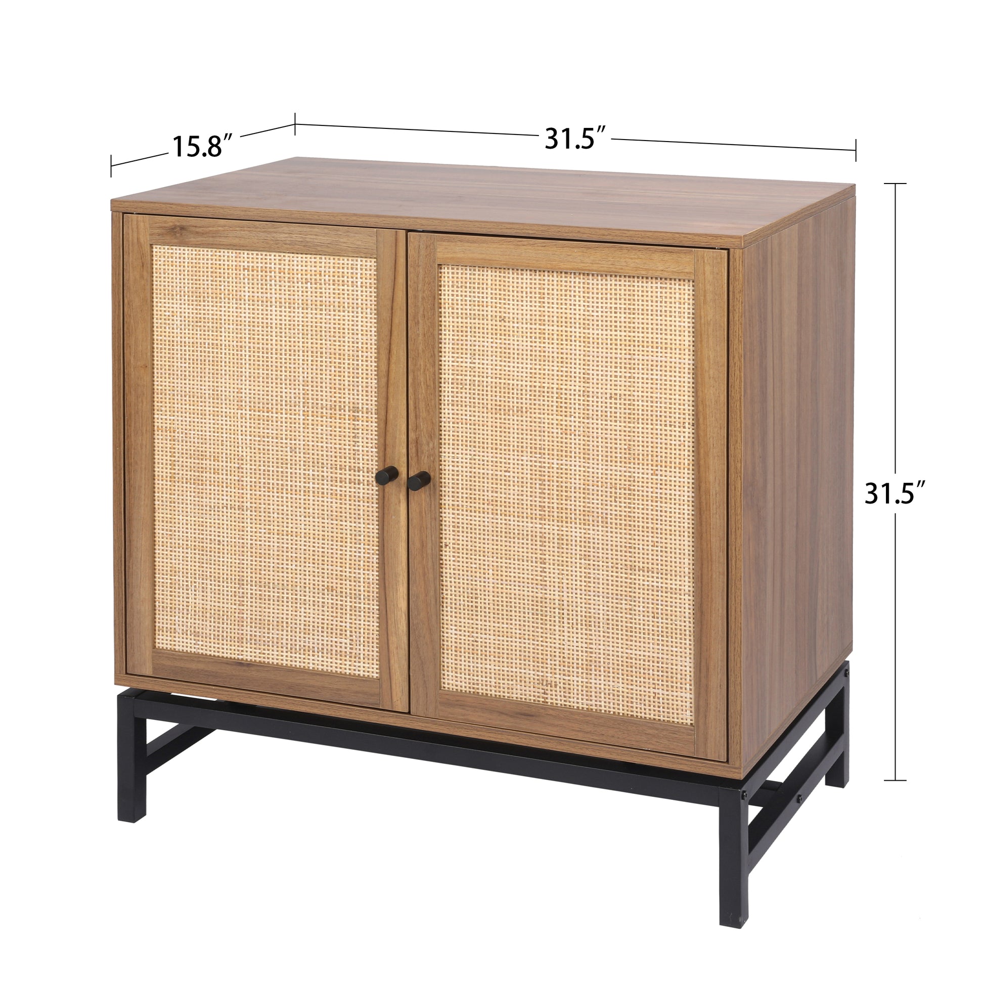 Set Of 2, Natural Rattan, 2 Door Cabinet, With 1 Adjustable Inner Shelves, Rattan, Accent Storage Cabinet Walnut Particle Board