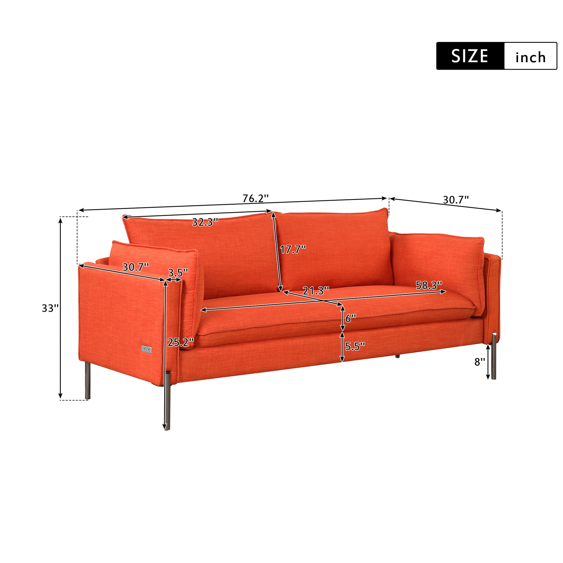 76.2" Modern Style 3 Seat Sofa Linen Fabric Upholstered Couch Furniture 3 Seats Couch For Different Spaces,Living Room,Apartment Orange Foam Linen