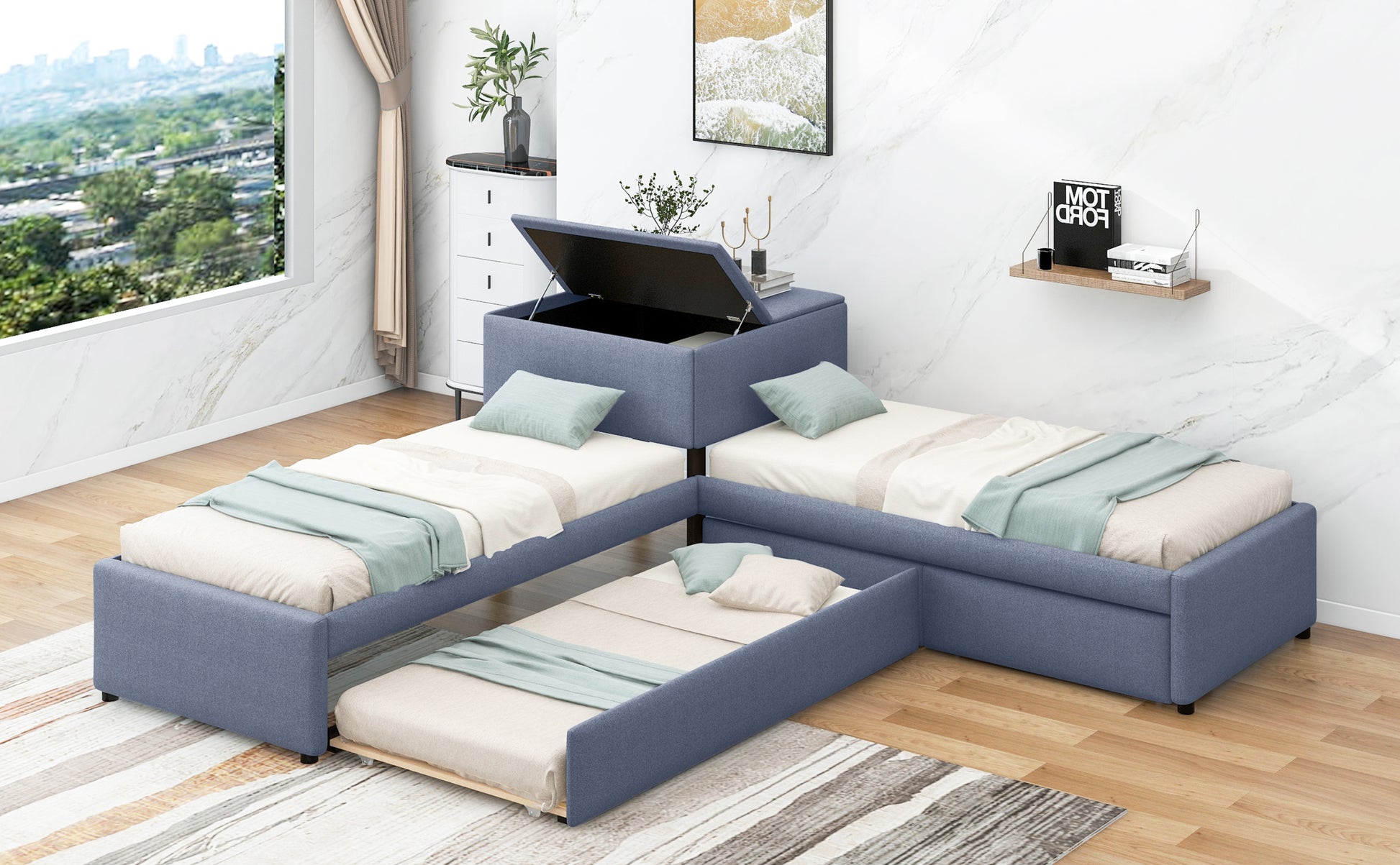 L Shaped Upholstered Platform Bed With Trundle And Two Drawers Linked With Built In Desk,Twin,Gray Gray Linen