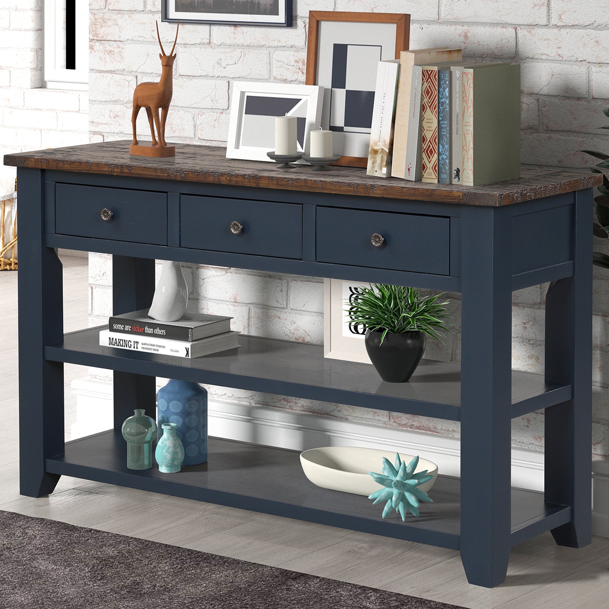 48'' Solid Pine Wood Top Console Table, Modern Entryway Sofa Side Table With 3 Storage Drawers And 2 Shelves. Easy To Assemble Blue Blue Pine