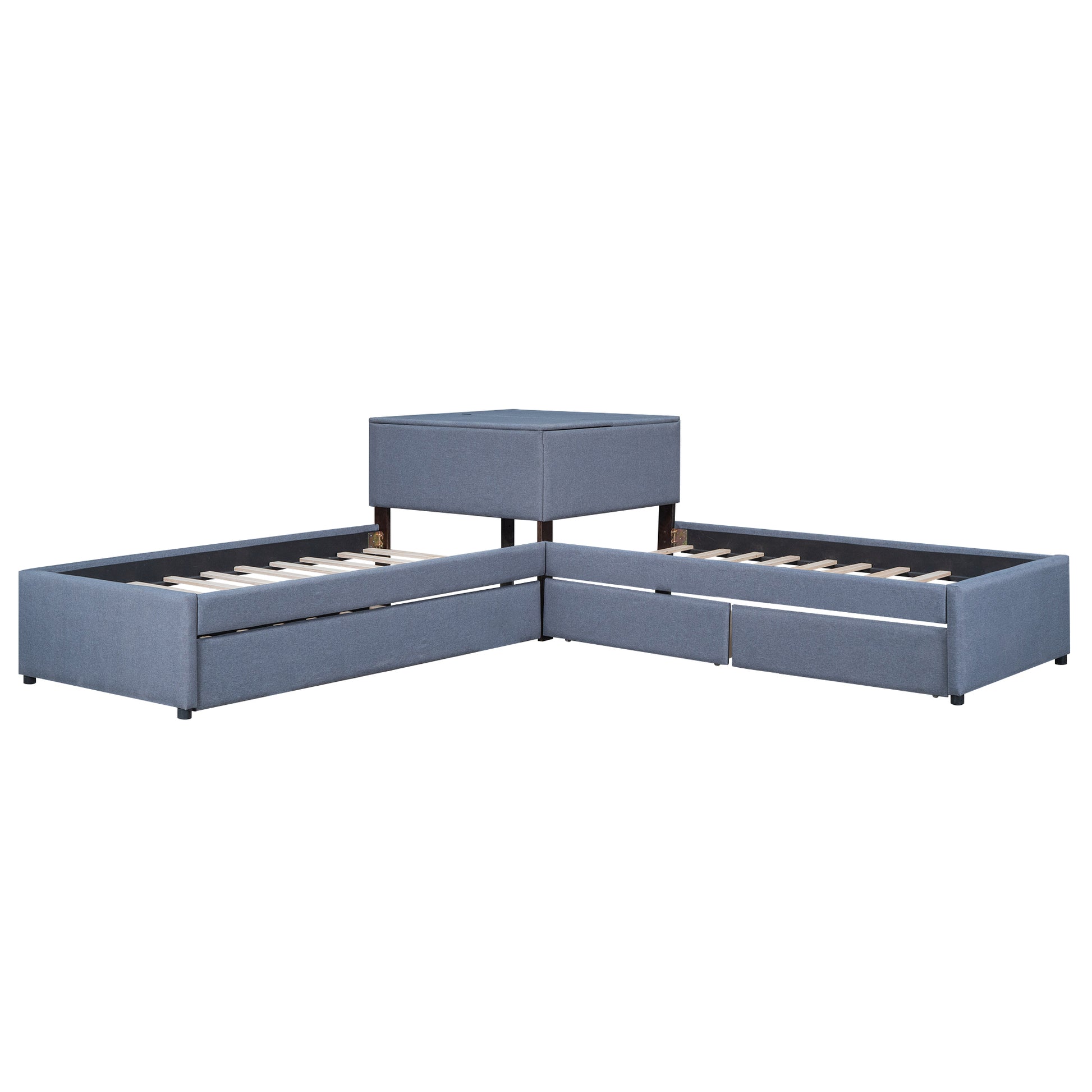 L Shaped Upholstered Platform Bed With Trundle And Two Drawers Linked With Built In Desk,Twin,Gray Gray Linen