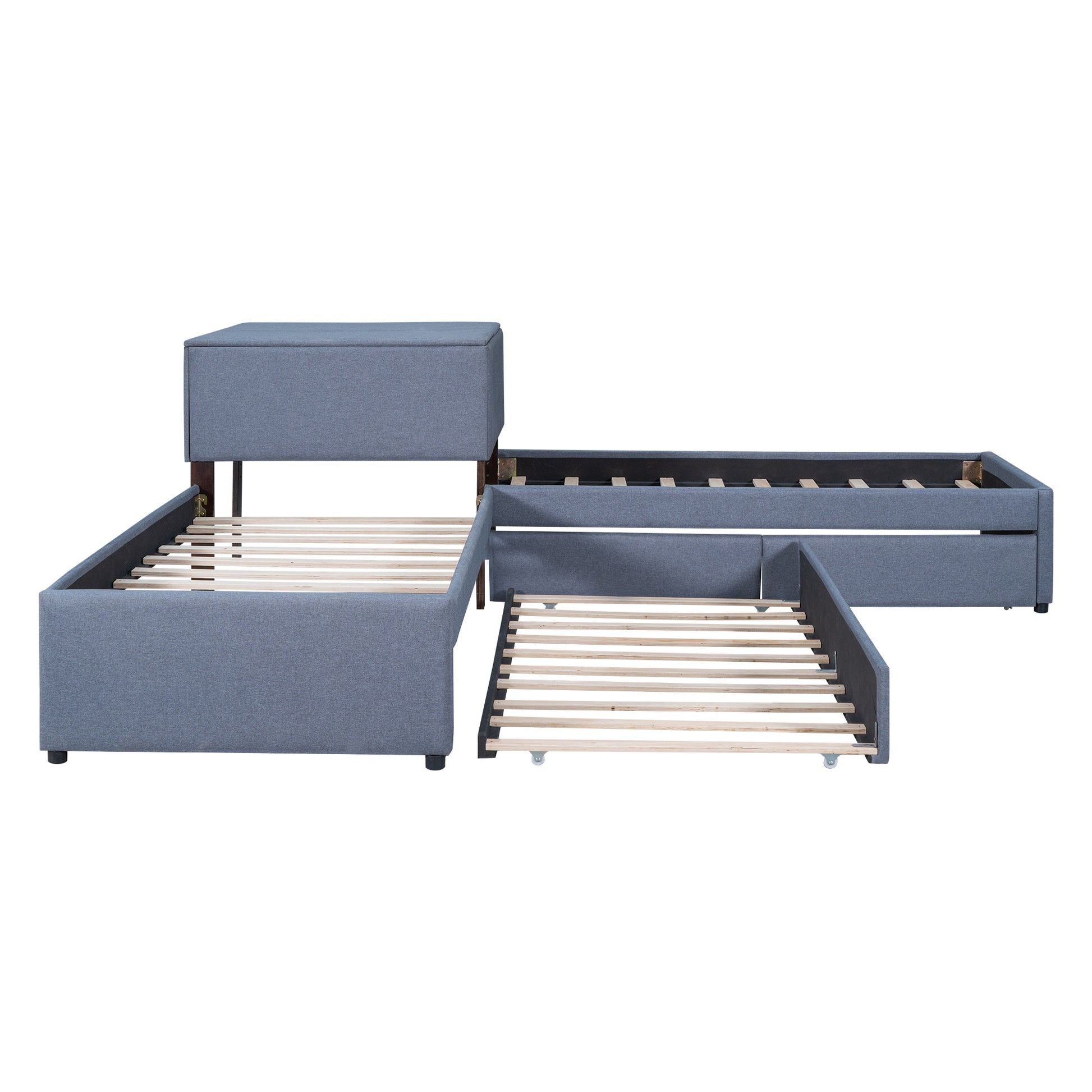 L Shaped Upholstered Platform Bed With Trundle And Two Drawers Linked With Built In Desk,Twin,Gray Gray Linen