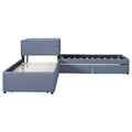 L Shaped Upholstered Platform Bed With Trundle And Two Drawers Linked With Built In Desk,Twin,Gray Gray Linen