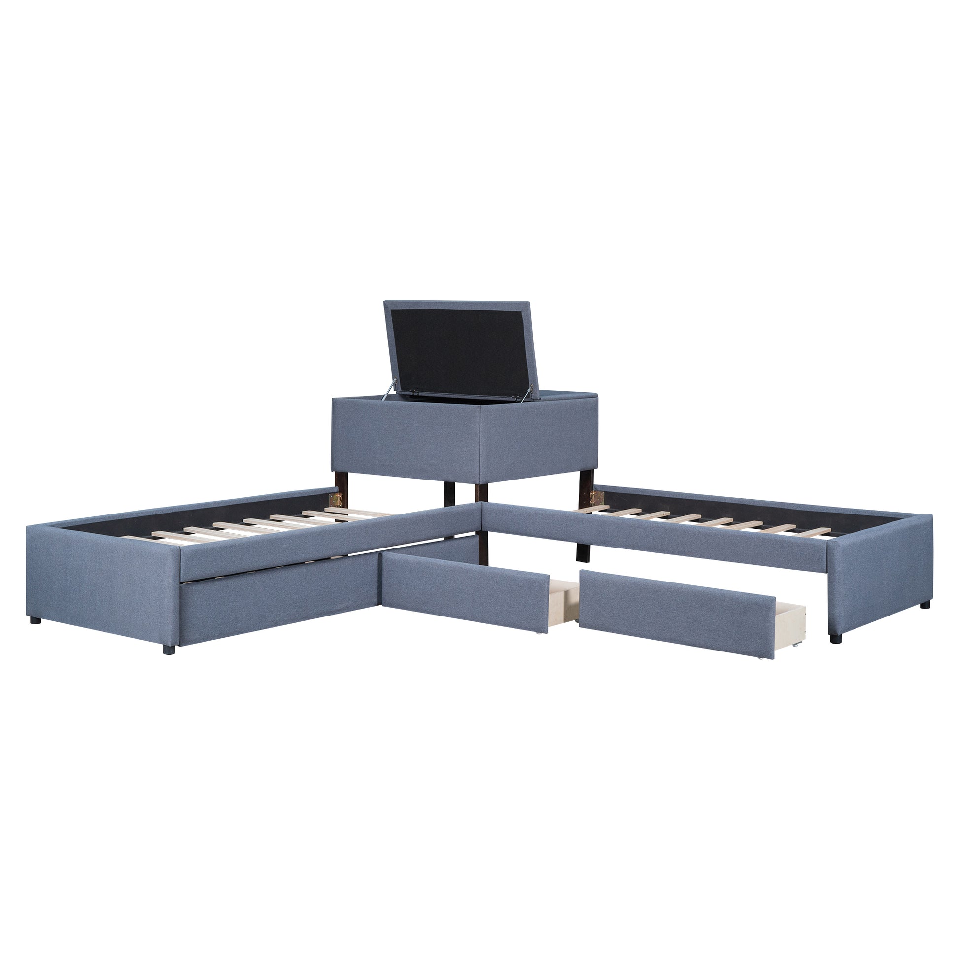 L Shaped Upholstered Platform Bed With Trundle And Two Drawers Linked With Built In Desk,Twin,Gray Gray Linen