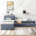 L Shaped Upholstered Platform Bed With Trundle And Two Drawers Linked With Built In Desk,Twin,Gray Gray Linen