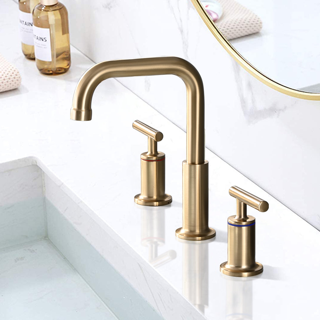 8 In. Widespread Double Handle Bathroom Faucet With Pop Up Drain In Brushed Gold Brushed Gold Brass