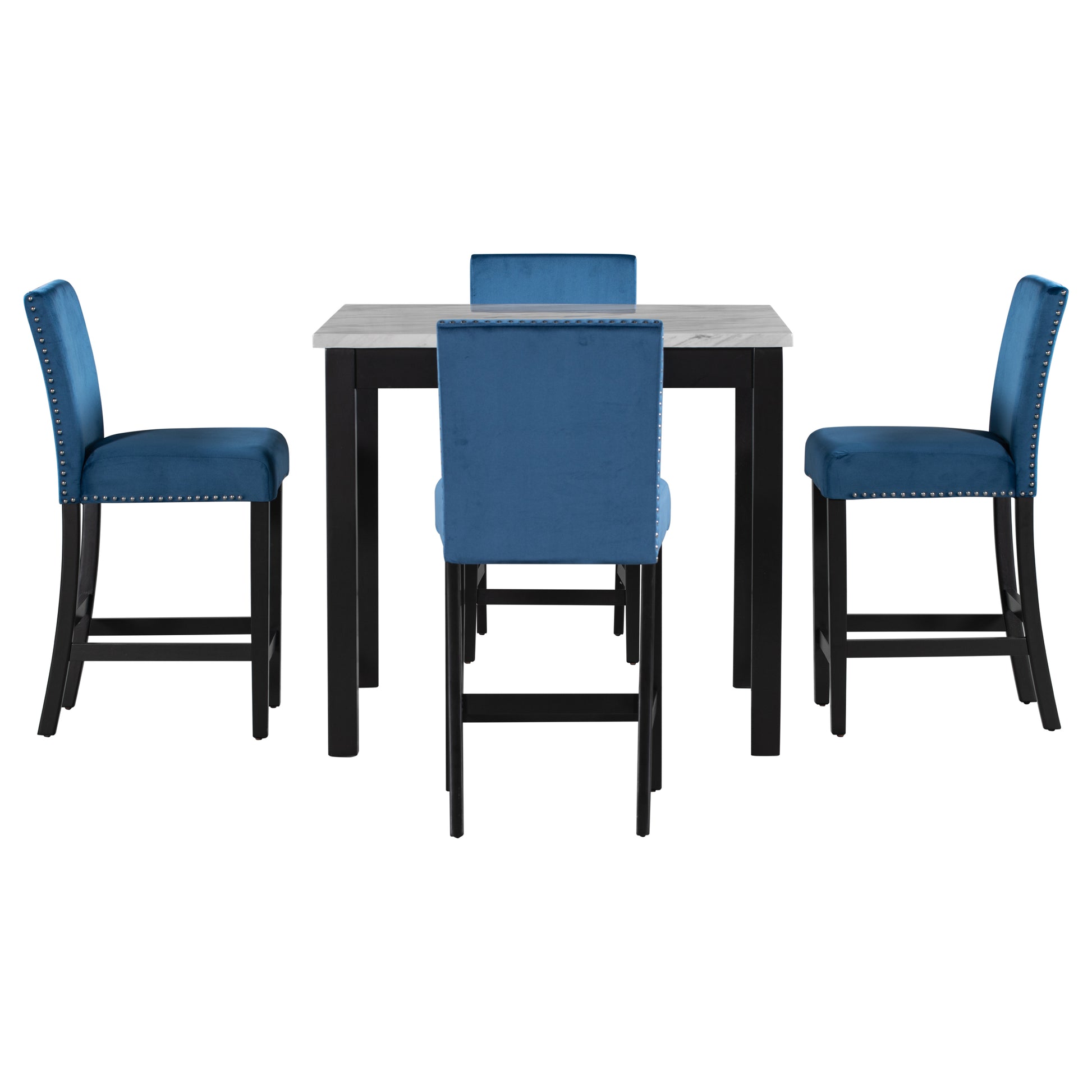 5 Piece Counter Height Dining Table Set With One Faux Marble Dining Table And Four Upholstered Seat Chairs, Table Top: 40In.L X40In.W, For Kitchen And Living Room Furniture,Blue Blue Mdf