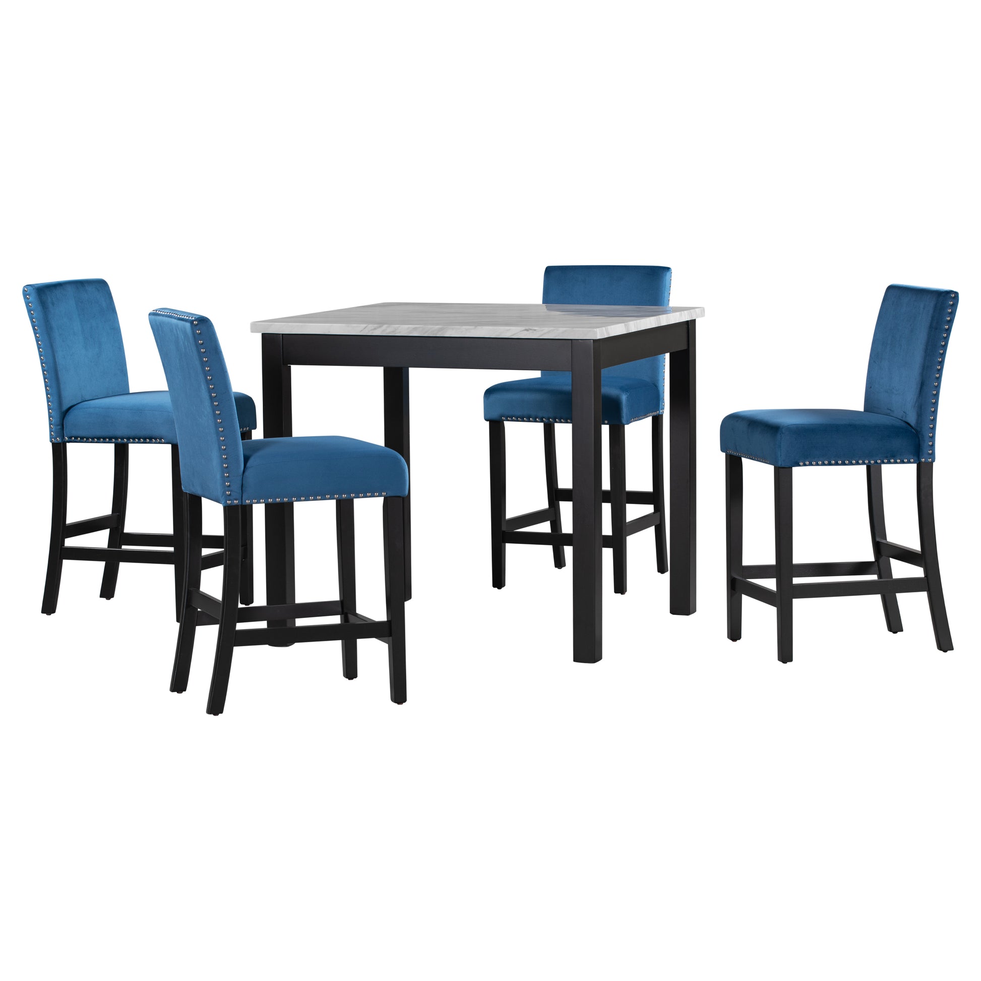 5 Piece Counter Height Dining Table Set With One Faux Marble Dining Table And Four Upholstered Seat Chairs, Table Top: 40In.L X40In.W, For Kitchen And Living Room Furniture,Blue Blue Mdf