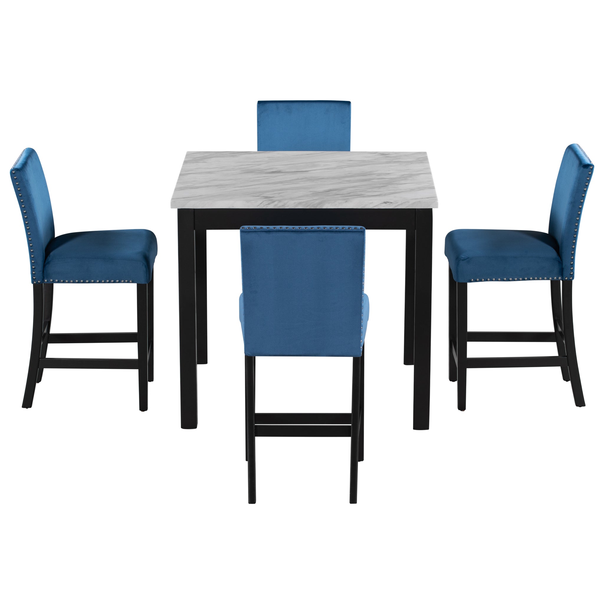 5 Piece Counter Height Dining Table Set With One Faux Marble Dining Table And Four Upholstered Seat Chairs, Table Top: 40In.L X40In.W, For Kitchen And Living Room Furniture,Blue Blue Mdf