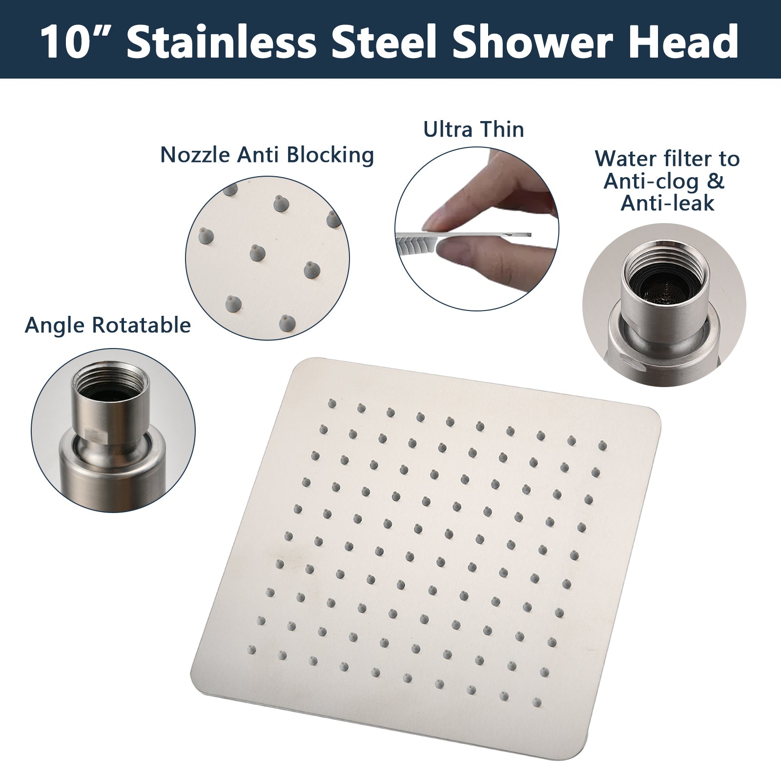 Brushed Nickel 10" Square Rainfall & High Pressure Stainless Steel Bath Shower Head Brushed Nickel Metal