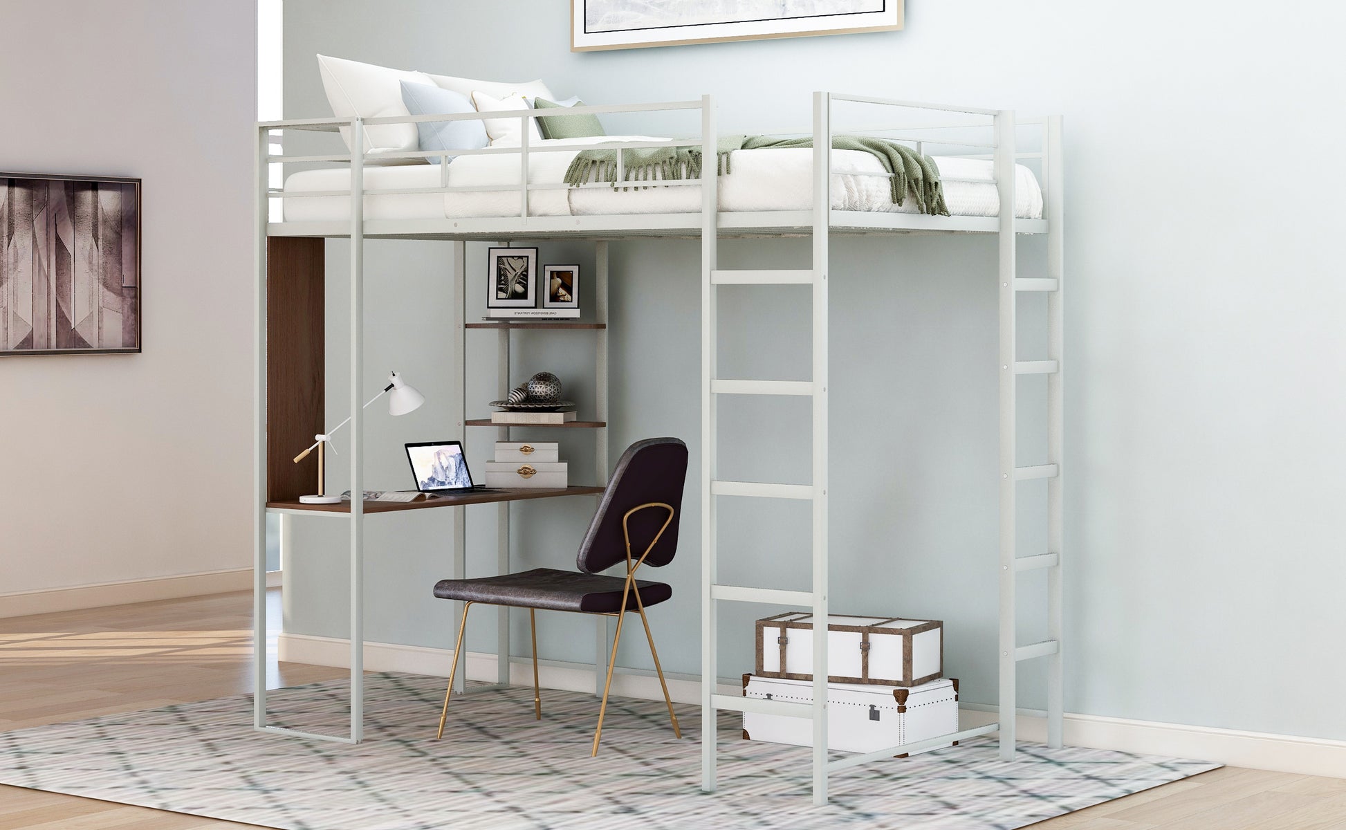 Twin Metal Loft Bed With 2 Shelves And One Desk ,Silver Old Sku: Mf281206Aan Silver Metal