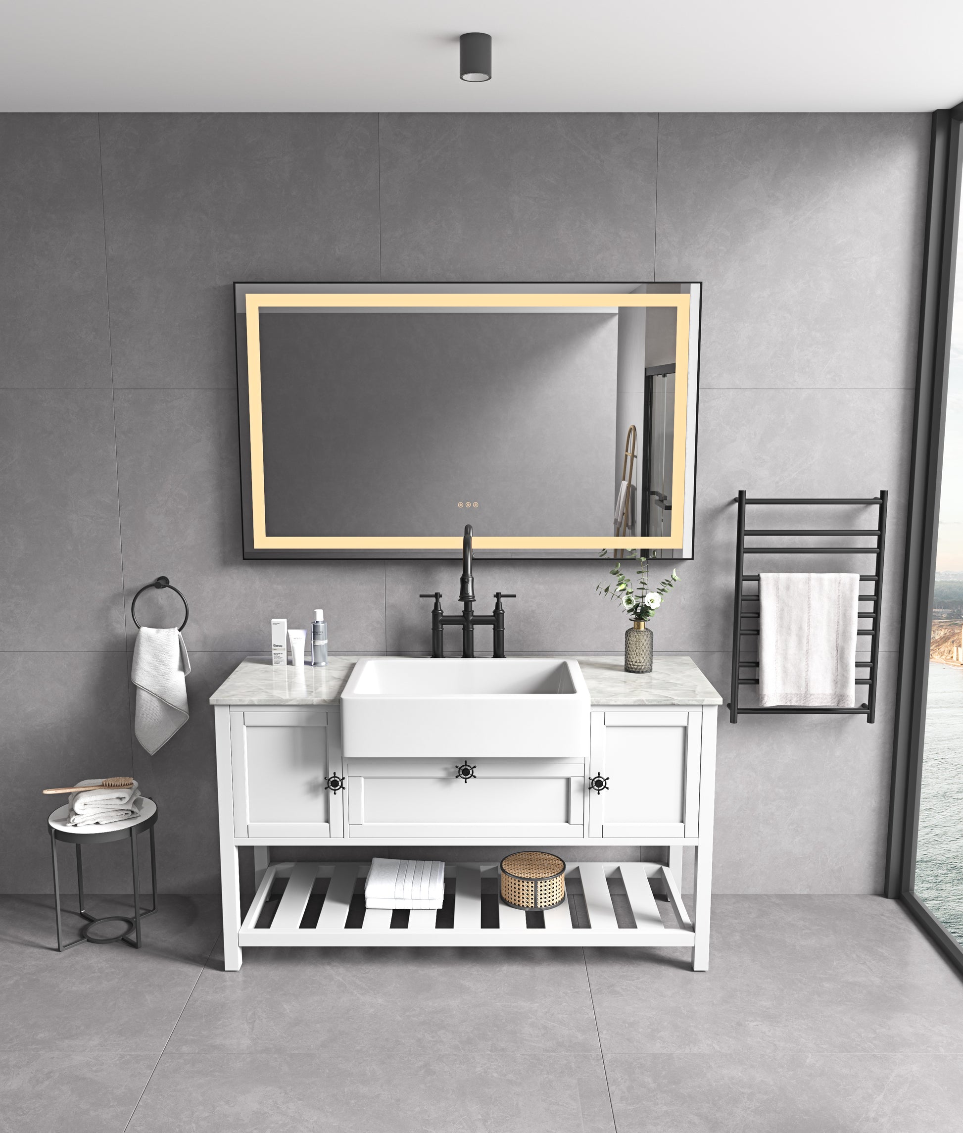 96In. W X48 In. H Framed Led Single Bathroom Vanity Mirror In Polished Crystal Bathroom Vanity Led Mirror With 3 Color Lights Mirror For Bathroom Wall Matt Black Aluminium