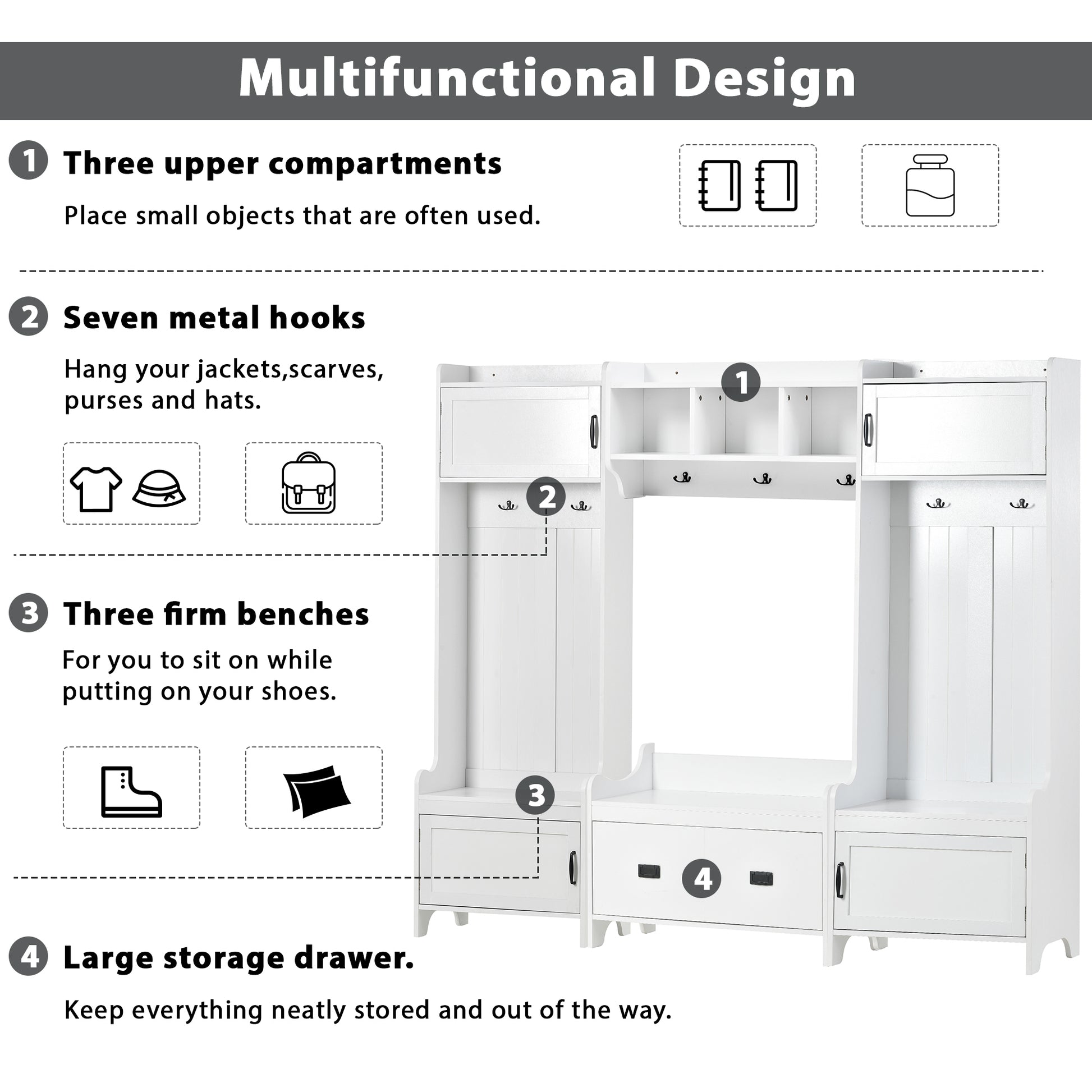 Modern Style 4 In 1 Multiple Functions Hallway Coat Rack With Seven Metal Black Hooks, Entryway Bench Hall Tree With Large Storage Drawer, White Old Sku: Sd000006Aak White Particle Board