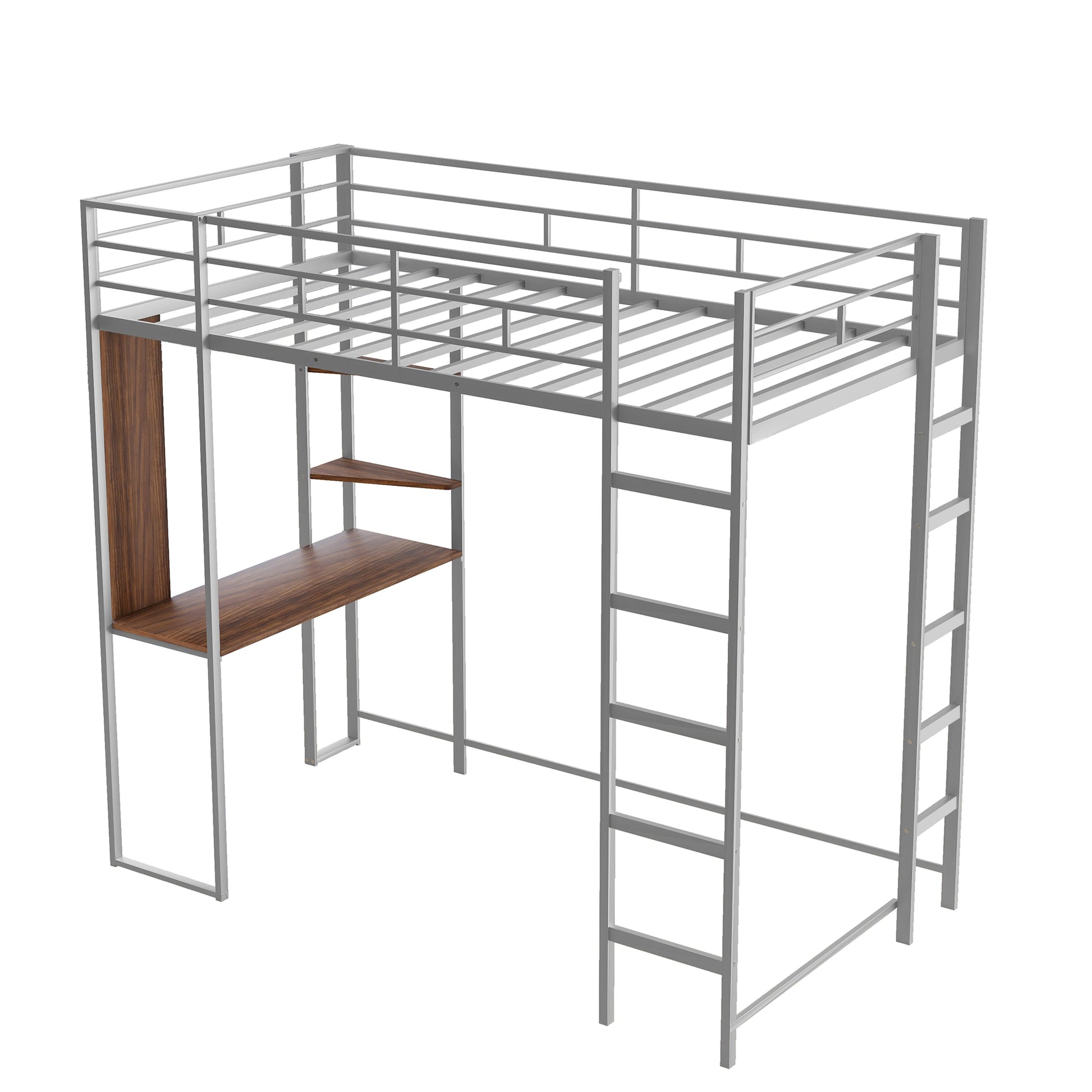 Twin Metal Loft Bed With 2 Shelves And One Desk ,Silver Old Sku: Mf281206Aan Silver Metal