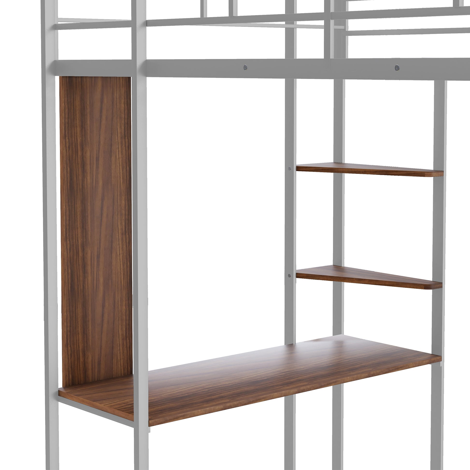 Twin Metal Loft Bed With 2 Shelves And One Desk ,Silver Old Sku: Mf281206Aan Silver Metal