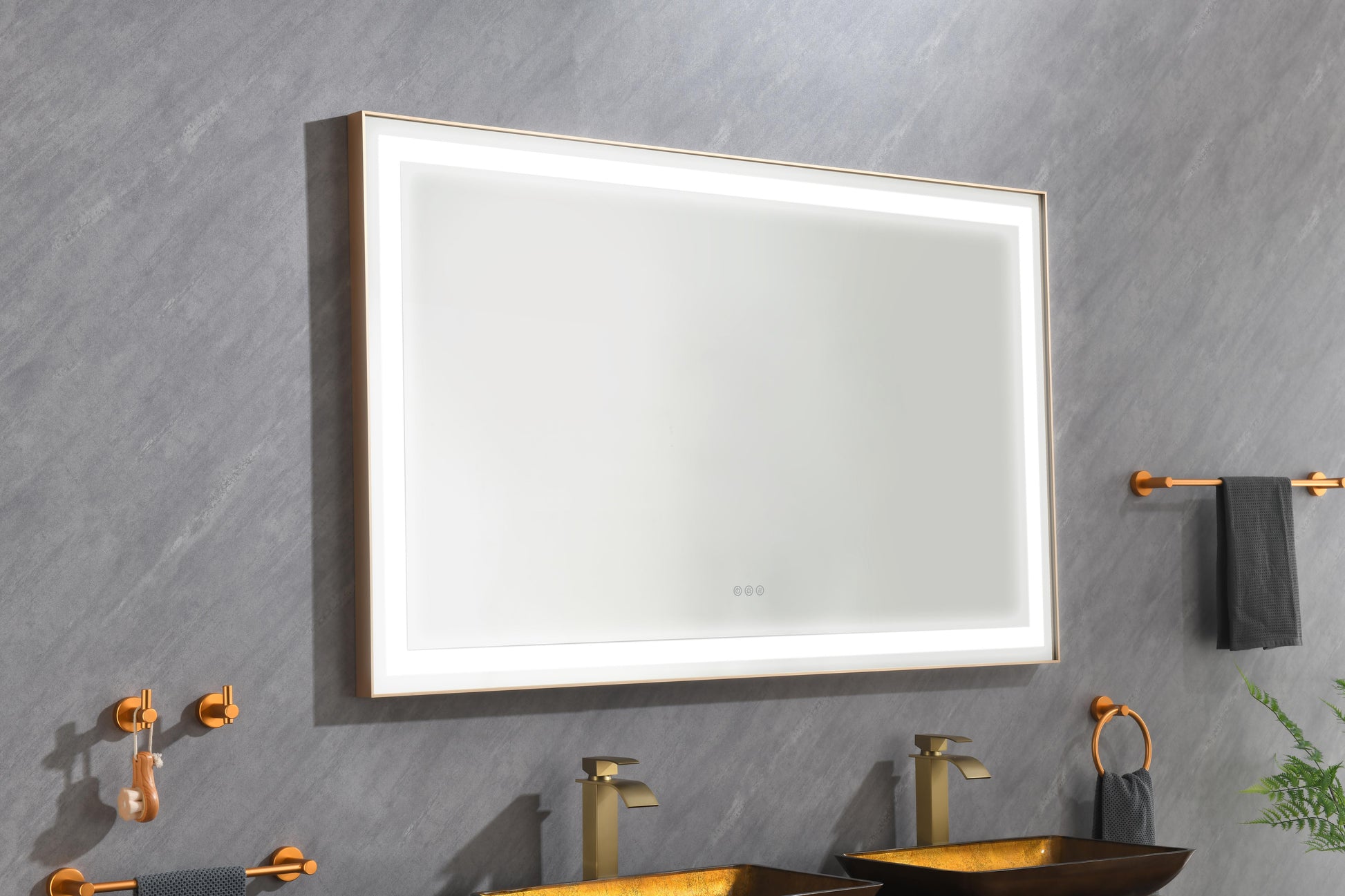 72*36 Led Lighted Bathroom Wall Mounted Mirror With High Lumen Anti Fog Separately Control Gold Aluminium