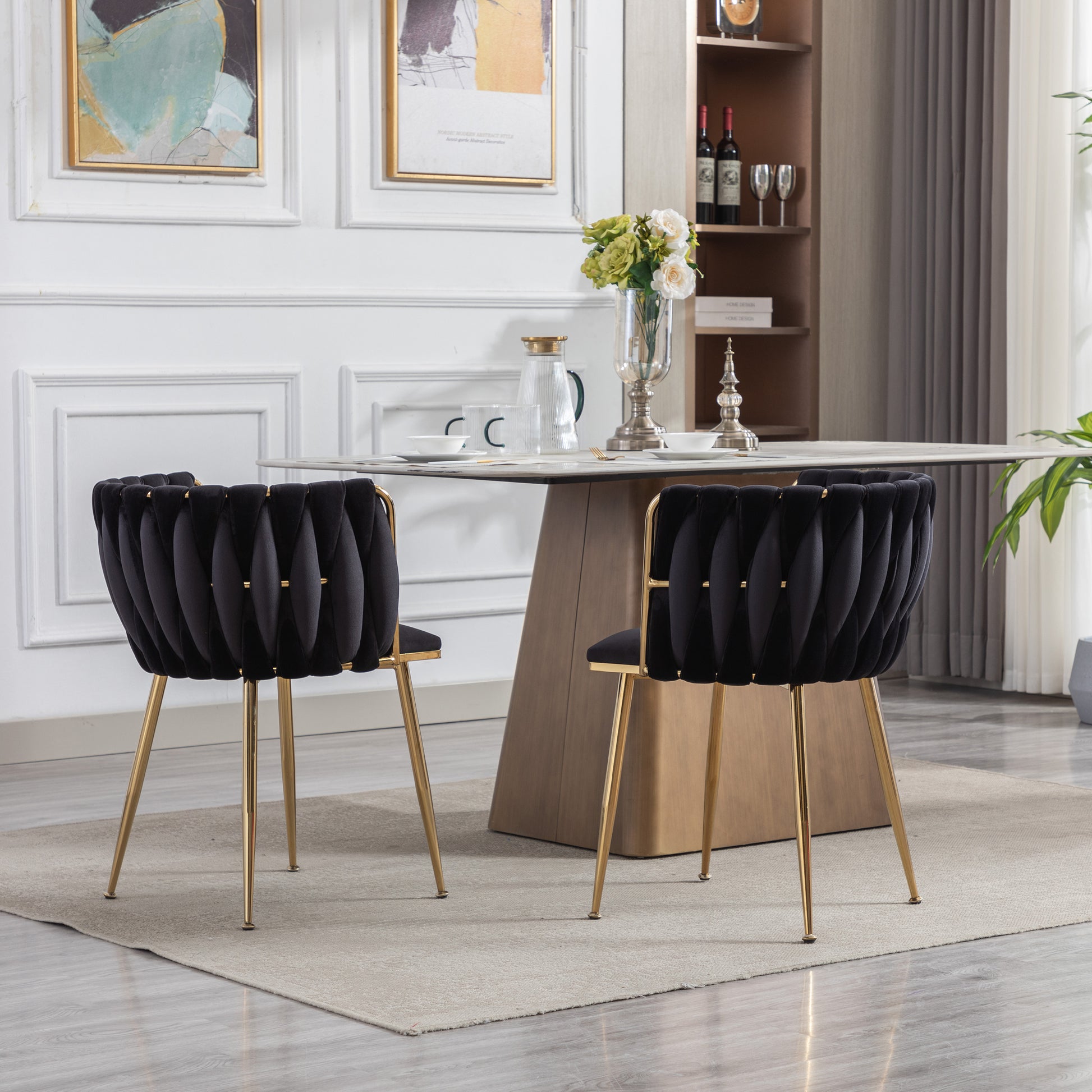 Dining Chair Thickened Fabric Chairs With Wood Legs Set Of 2 Black Black Foam Fabric
