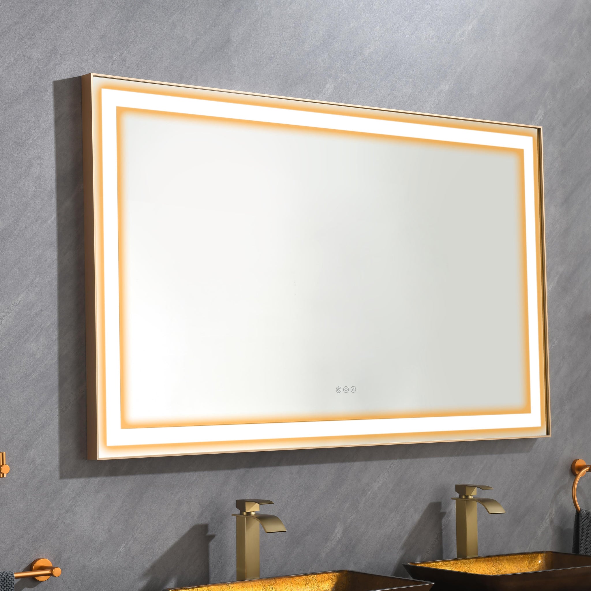 60*36 Led Lighted Bathroom Wall Mounted Mirror With High Lumen Anti Fog Separately Control Gold Aluminium