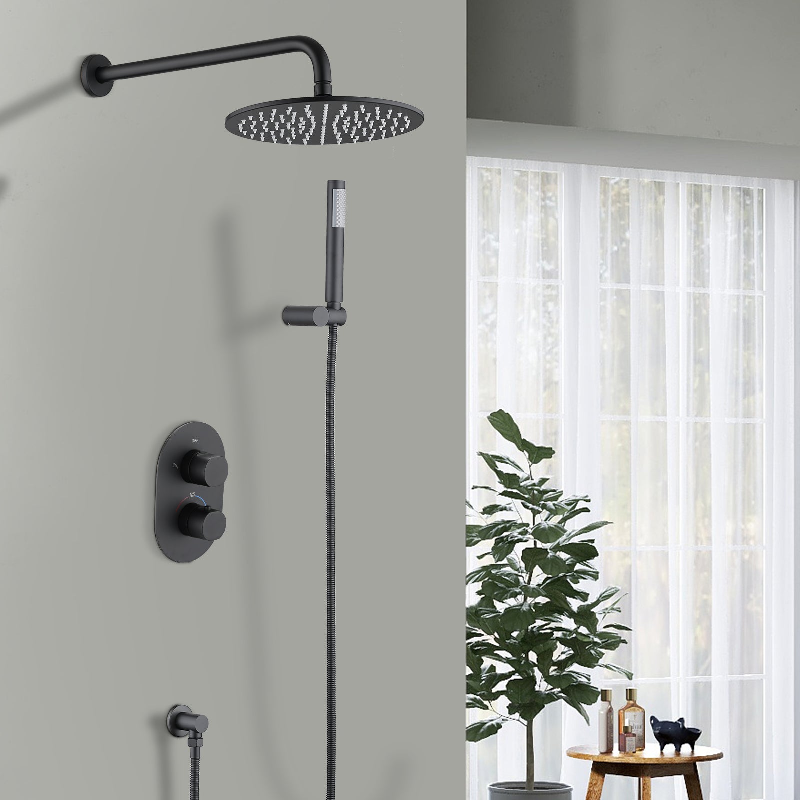 Thermostatic Complete Rainfall Shower System Bathroom Shower With Rough In Valve, Handheld Shower In Matte Black Black Brass