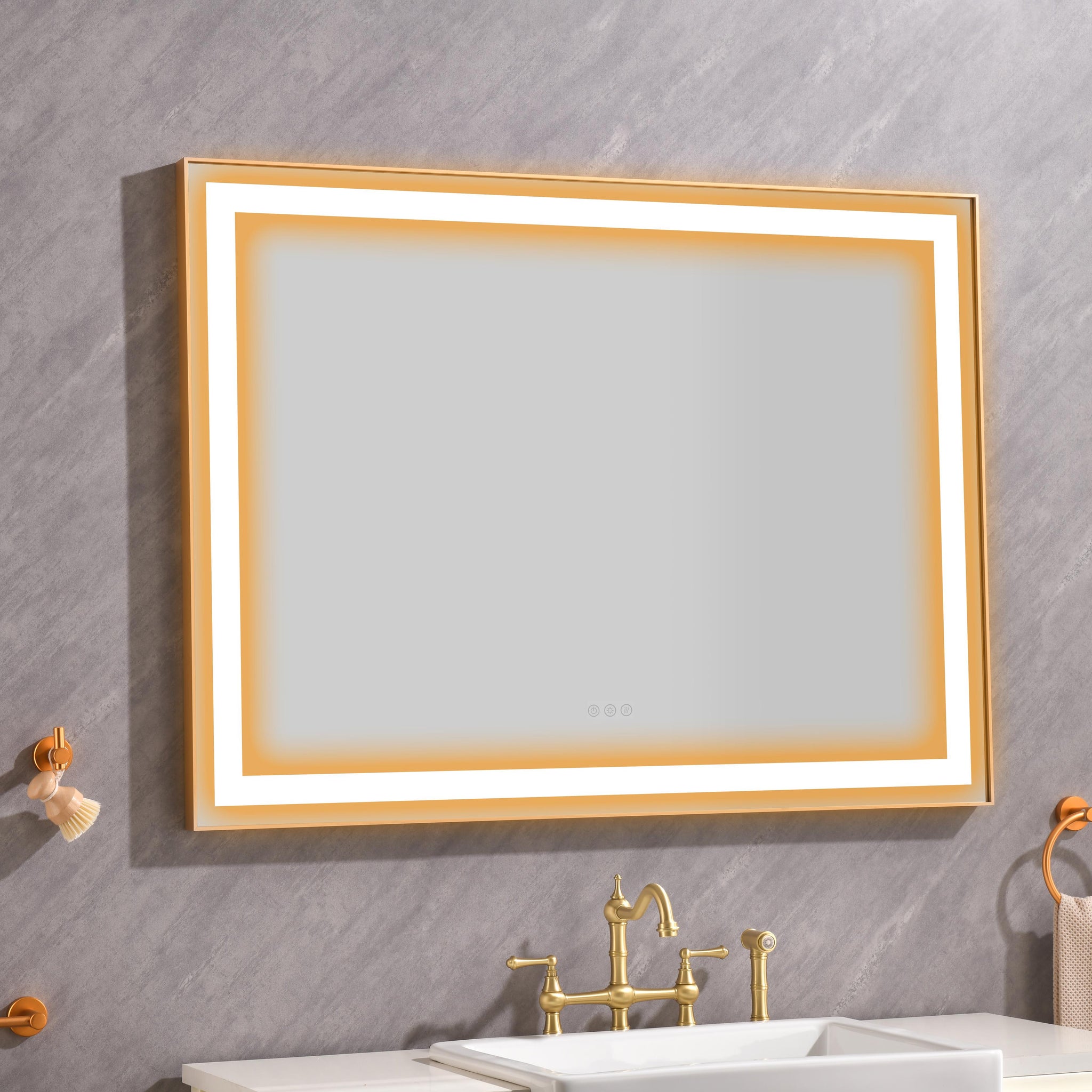 48*36 Led Lighted Bathroom Wall Mounted Mirror With High Lumen Anti Fog Separately Control Gold Aluminium