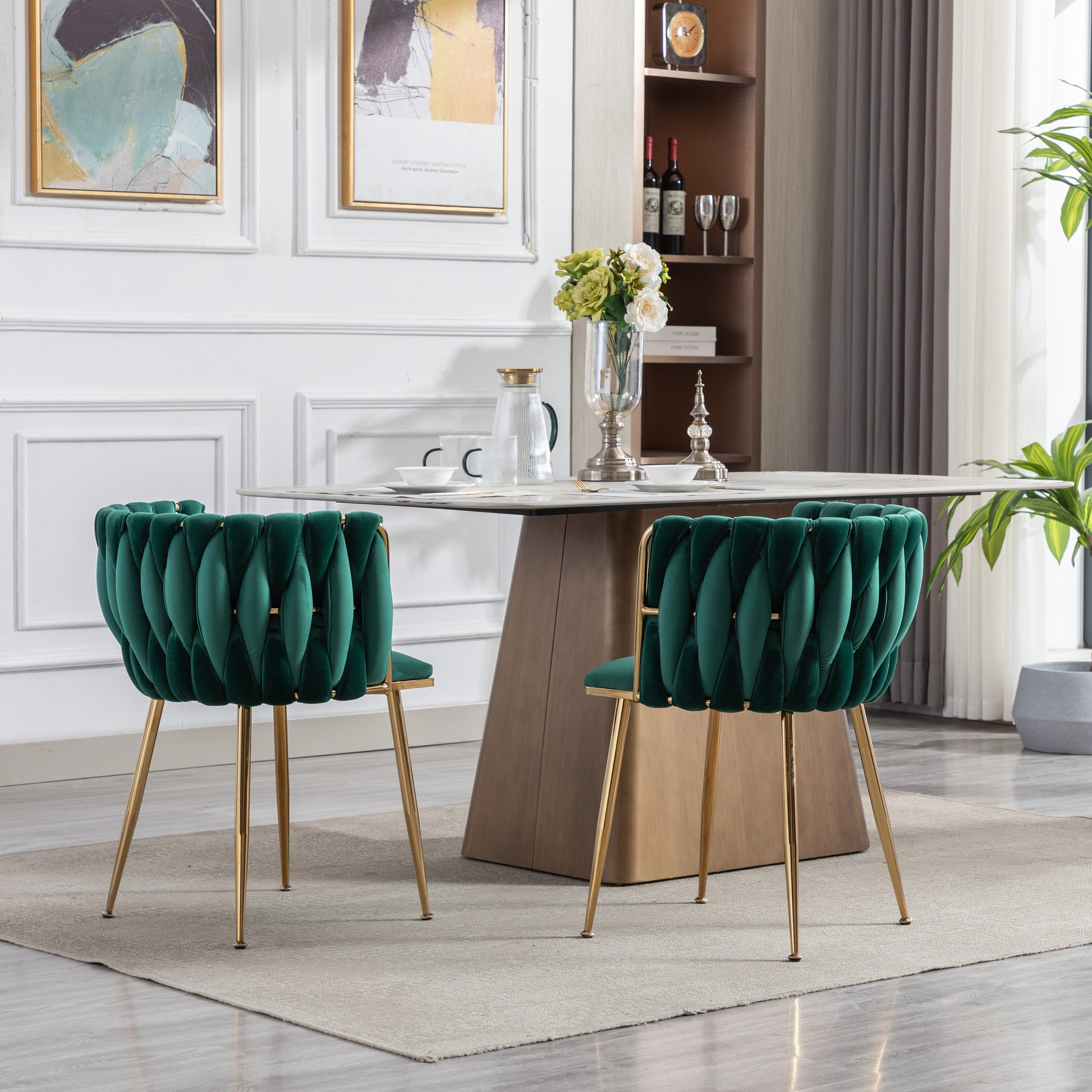 Dining Chair,Thickened Fabric Chairs With Wood Legs Set Of 2,Green Green Foam Fabric