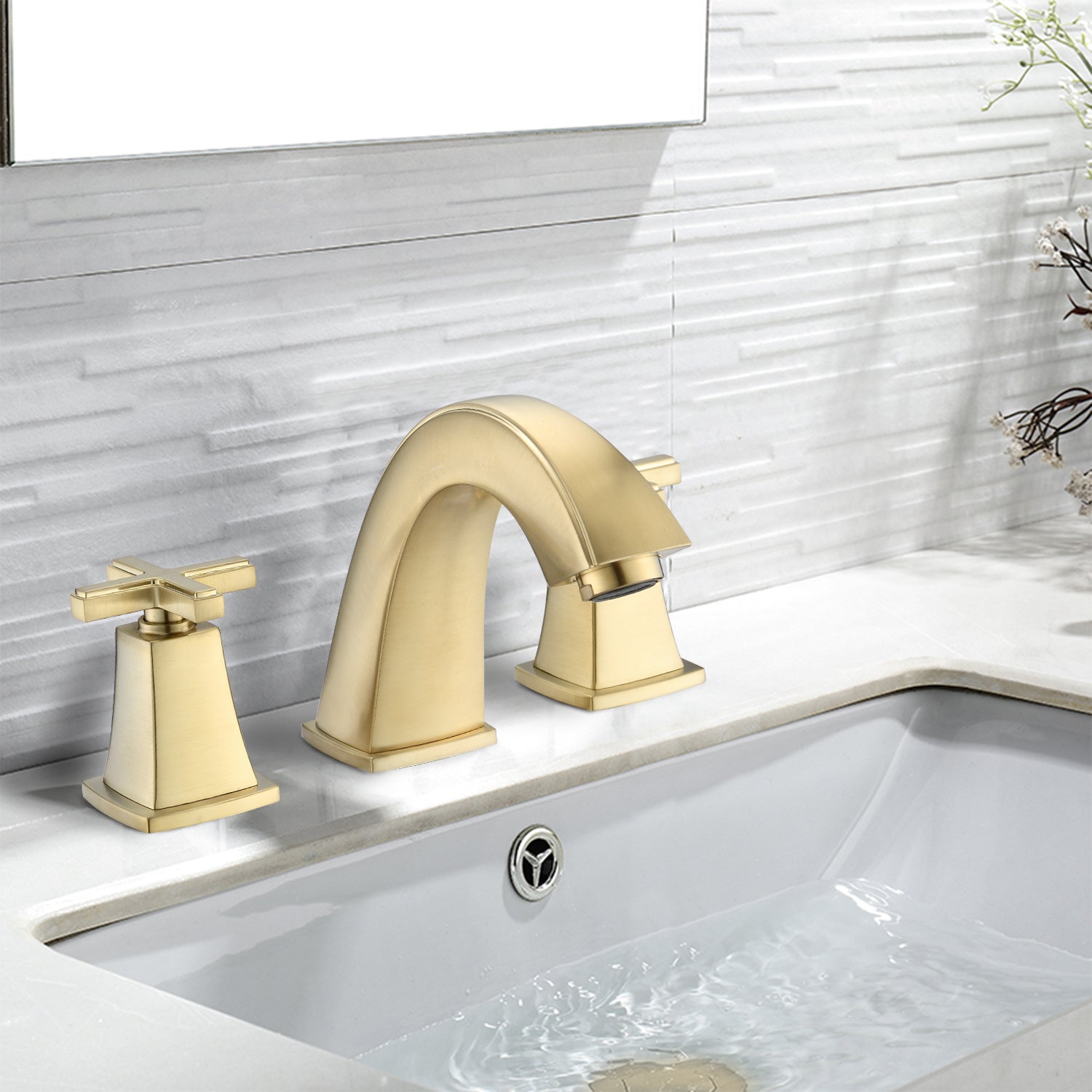 Widespread Bathroom Faucet 8 Inch 2 Handles with Drain brushed gold-zinc