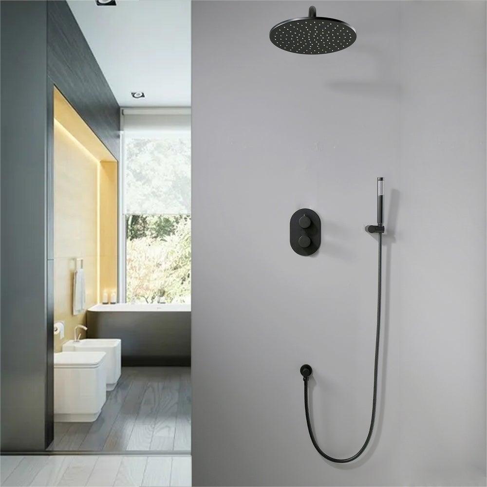 Thermostatic Complete Rainfall Shower System Bathroom Shower With Rough In Valve, Handheld Shower In Matte Black Black Brass