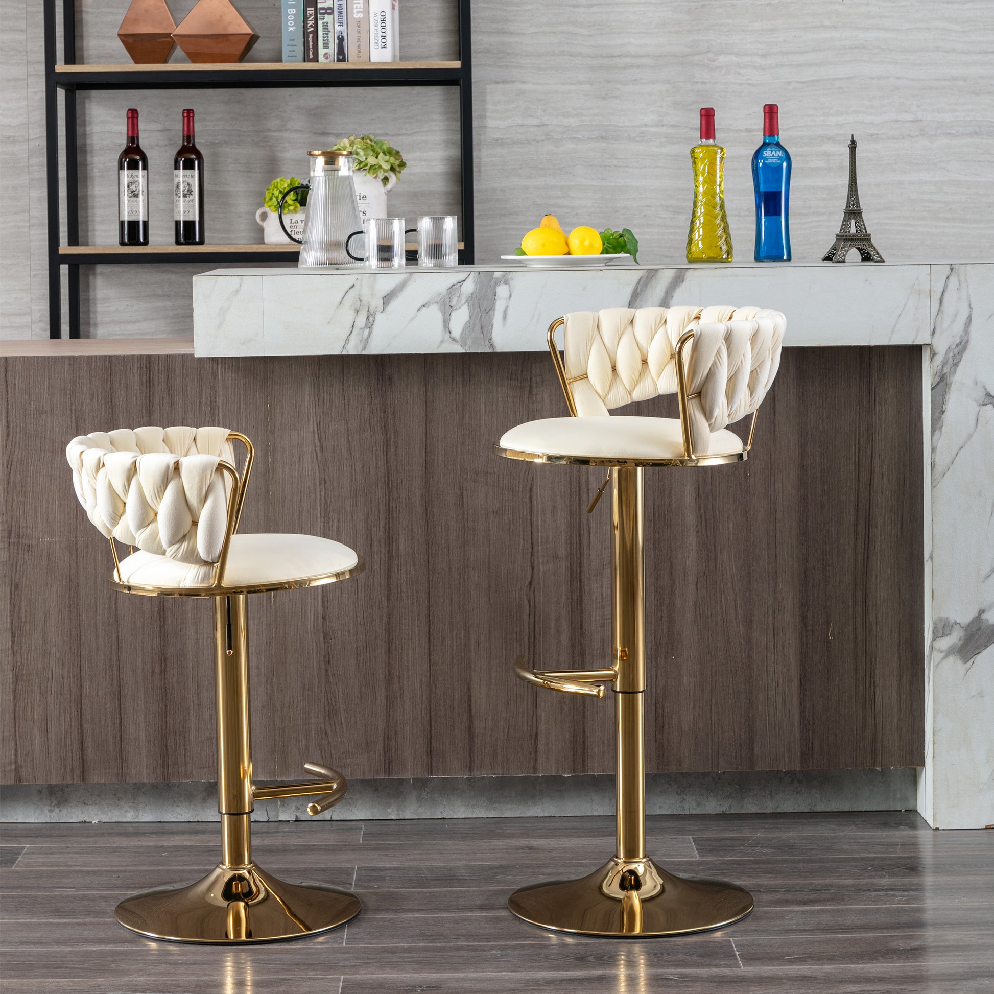 Set Of 2 Bar Stools,With Chrome Footrest And Base Swivel Height Adjustable Mechanical Lifting Velvet Golden Leg Simple Bar Stool Cream Cream Foam Fabric