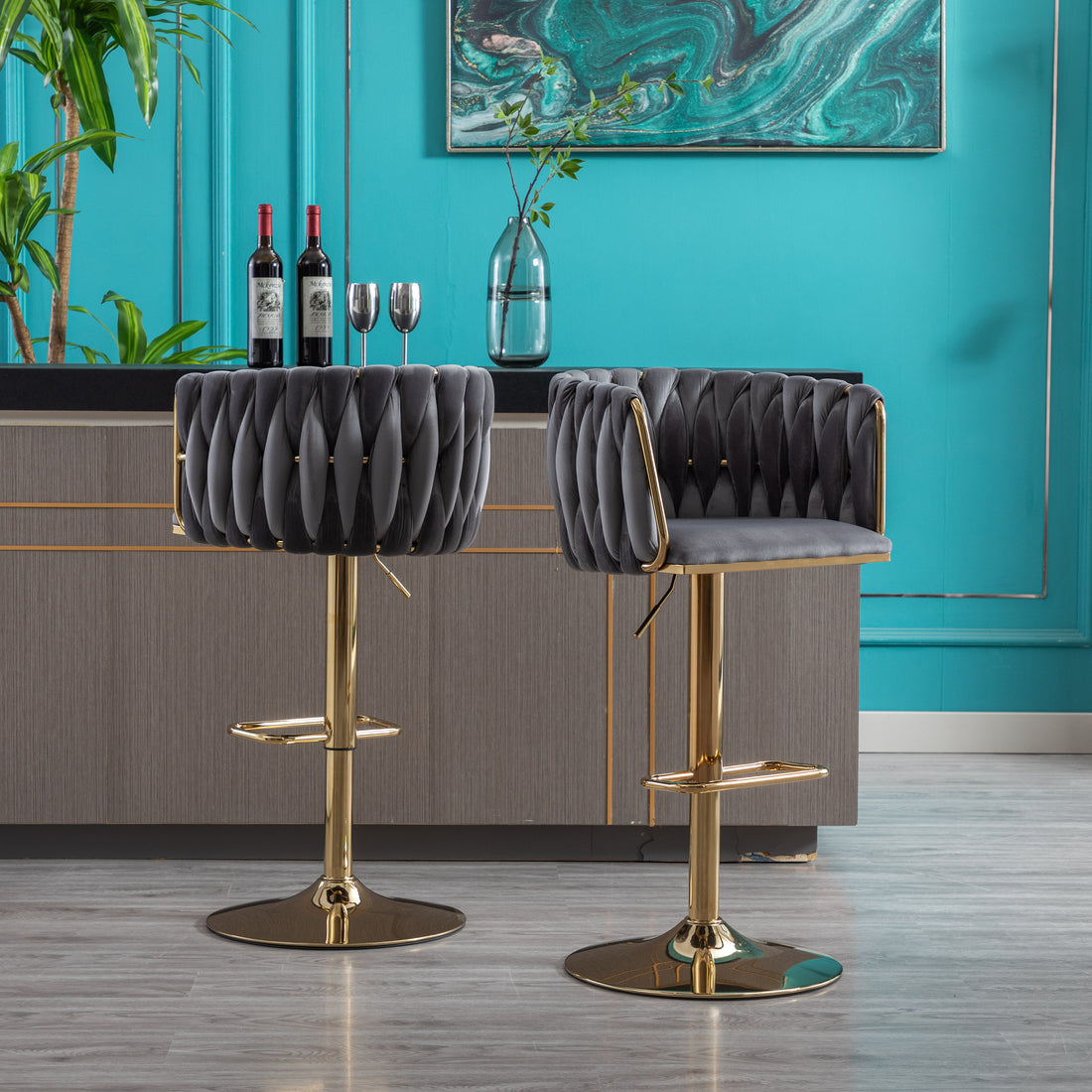 Set Of 2 Bar Stools,With Chrome Footrest And Base Swivel Height Adjustable Mechanical Lifting Velvet Golden Leg Simple Bar Stool Grey Grey Foam Fabric