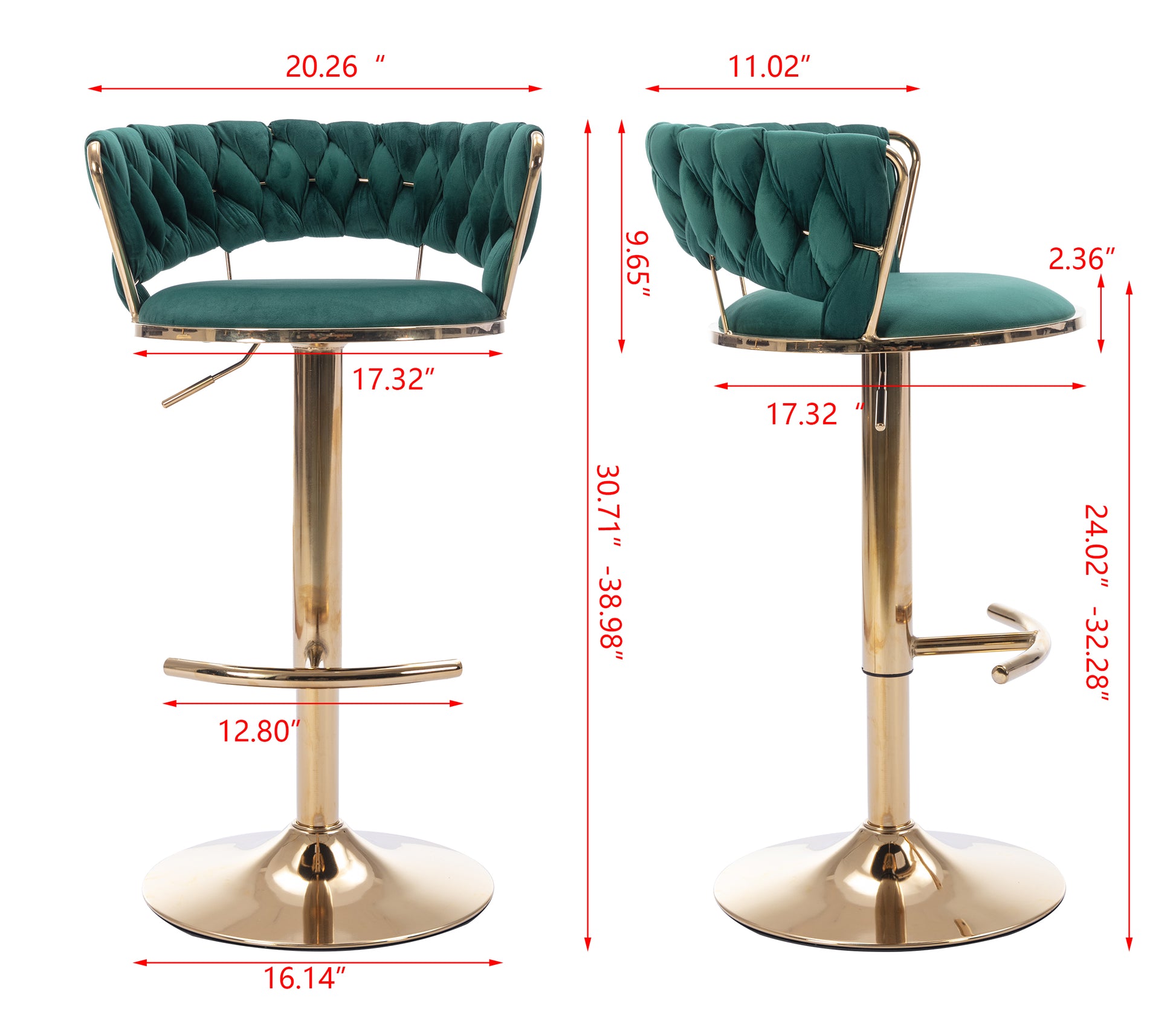 Set Of 2 Bar Stools,With Chrome Footrest And Base Swivel Height Adjustable Mechanical Lifting Velvet Golden Leg Simple Bar Stool Green Green Foam Fabric